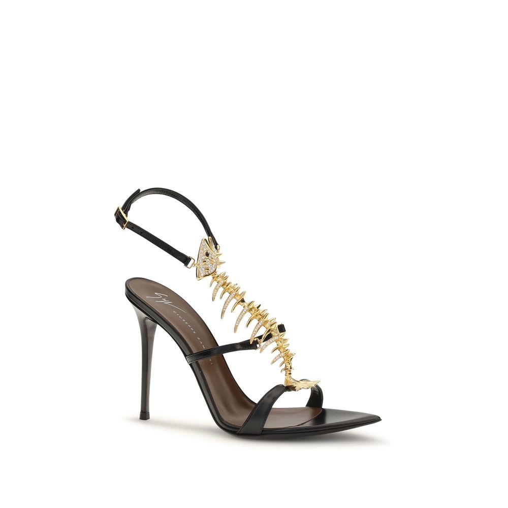 Elevate your style with Giuseppe Zanotti's Black Calf Leather Bos Taurus Stiletto Heel Sandals, a masterpiece of Italian craftsmanship that embodies bold elegance and timeless luxury.