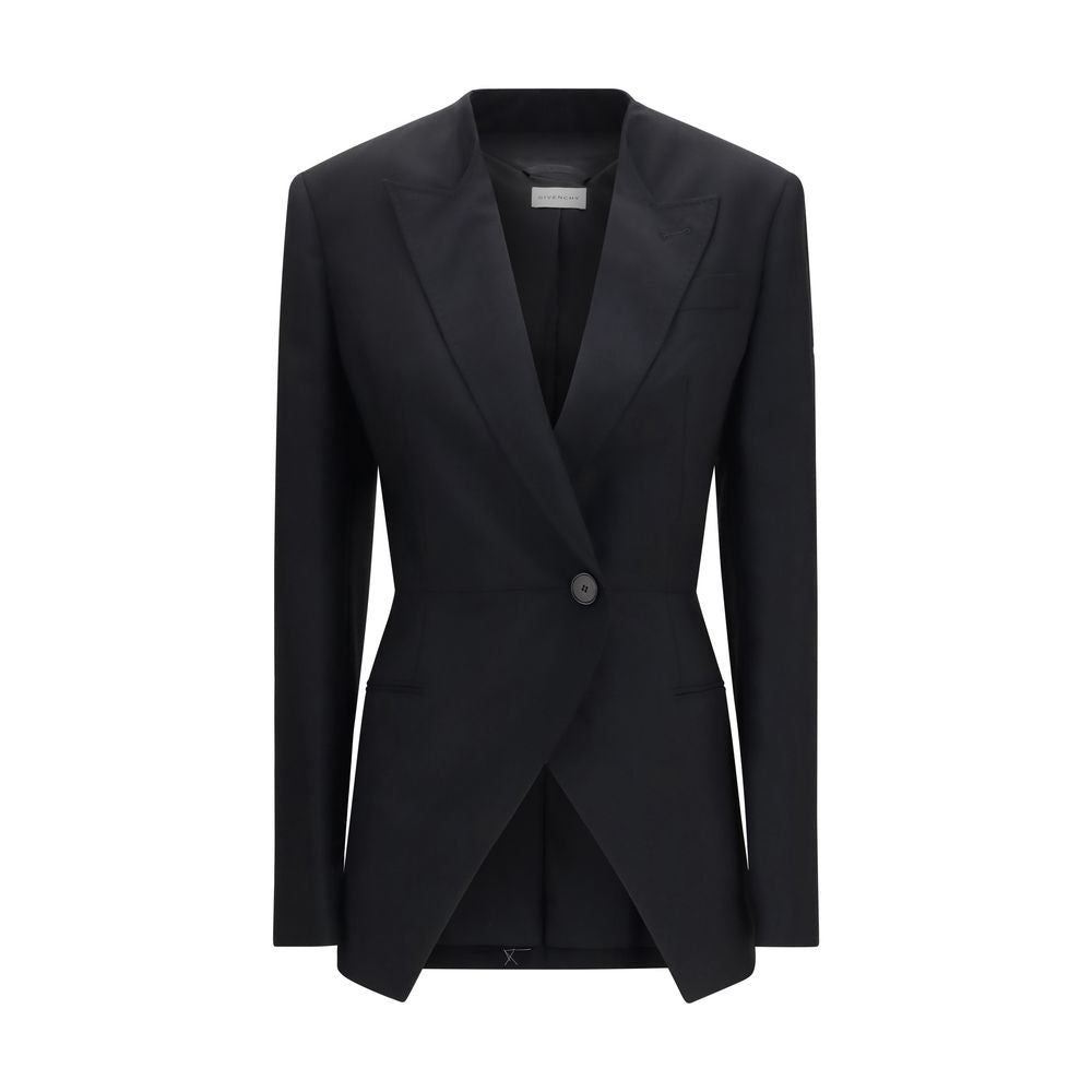 Elevate your wardrobe with the Givenchy Black Wool Oves Aries Blazer, a masterpiece of luxurious craftsmanship blending wool and mohair for timeless sophistication.