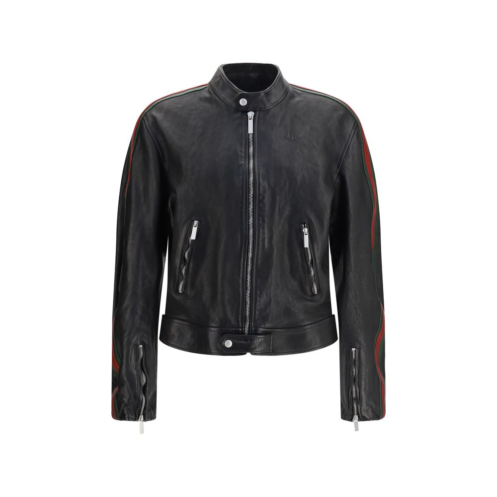 Discover the Gucci Black Buffalo Leather Bomber, a masterpiece of luxury craftsmanship in 100% buffalo leather, elevating your wardrobe with timeless elegance and sophistication.