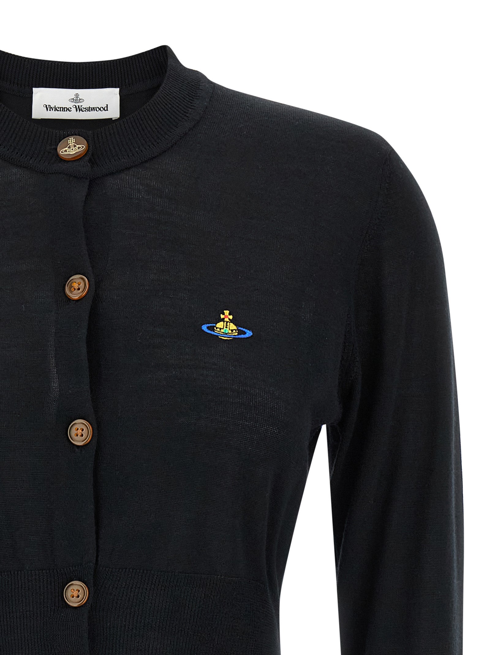 Elevate your wardrobe with the Vivienne Westwood Black Cotton Cardigan, a masterpiece of organic cotton and timeless design, embodying luxury and sophistication.