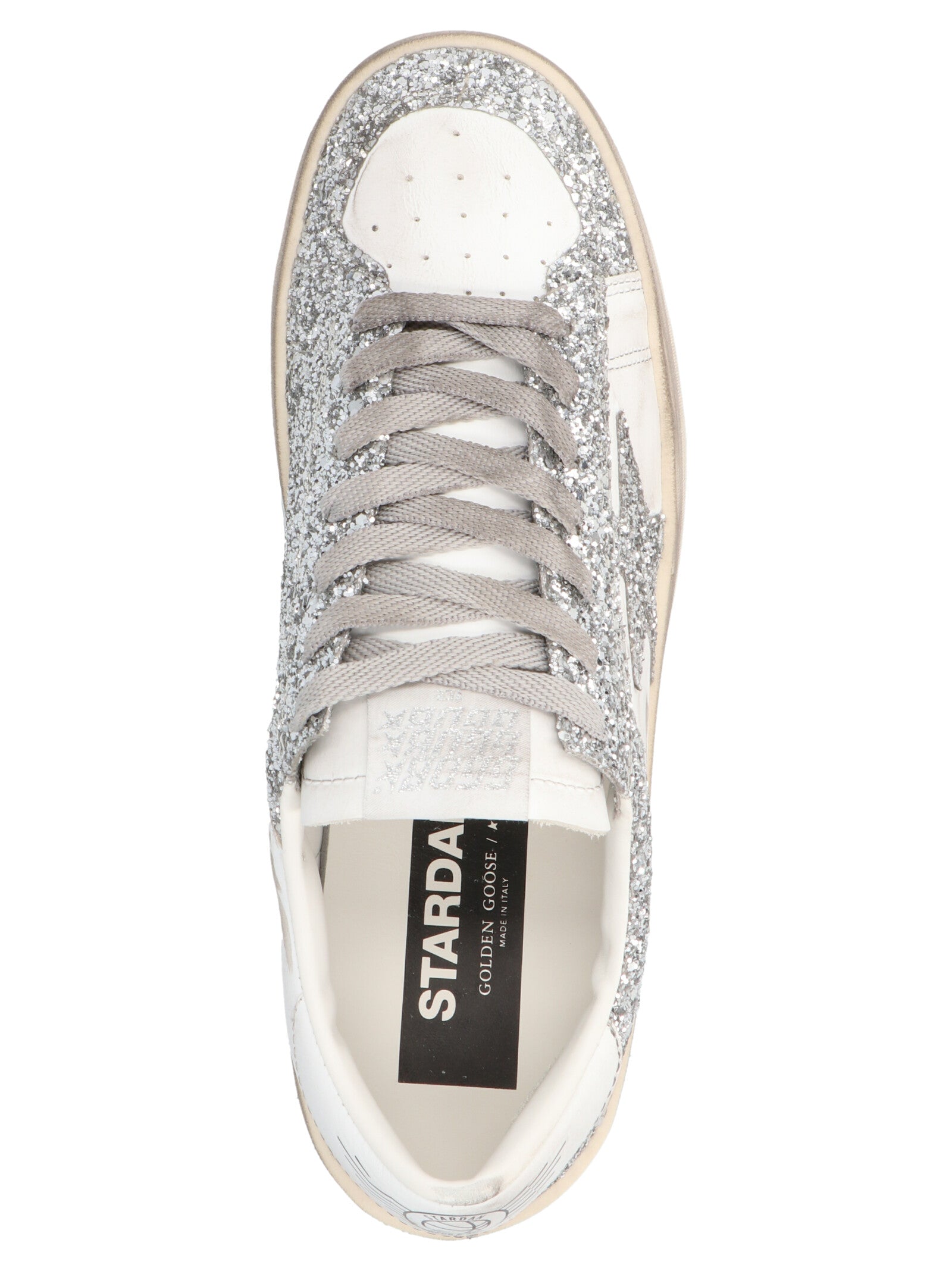 Elevate your street style with the GOLDEN GOOSE Silver Polyester Sneakers from the 'Stardan' collection, where Italian craftsmanship meets daring elegance in every shimmering detail.