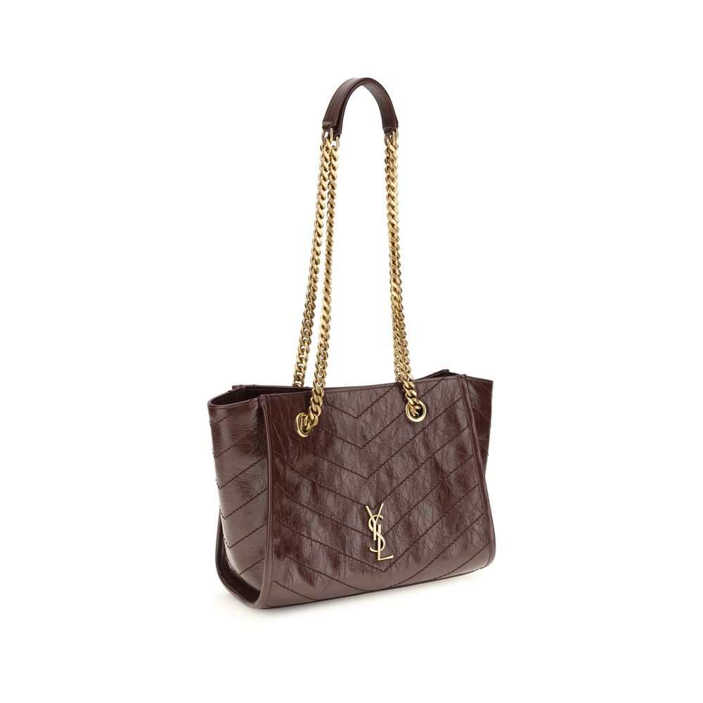 Indulge in the Saint Laurent Brown Calf Leather Bos Taurus Shoulder Bag, a masterful blend of chevron quilting and iconic elegance, perfect for the discerning individual.