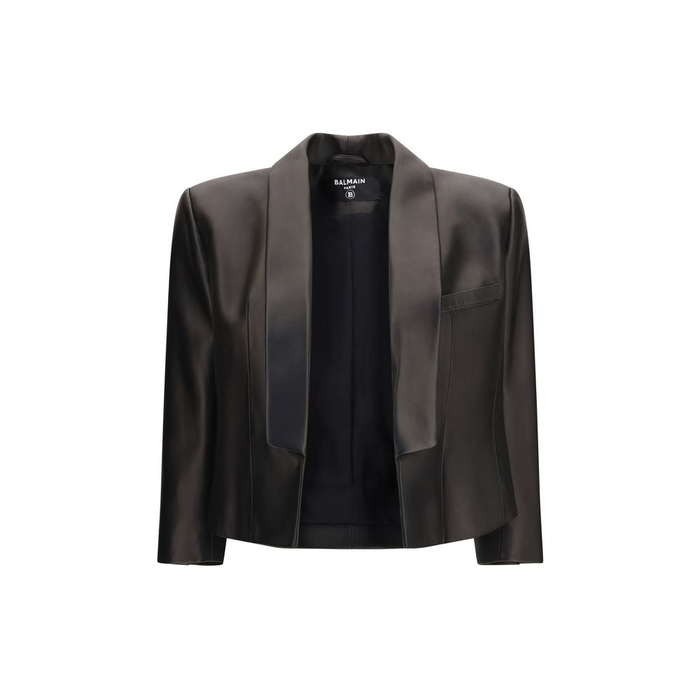 Elevate your wardrobe with the Balmain Black Lamb Ovis Aries Leather Jacket, a masterpiece of exquisite craftsmanship and timeless elegance, perfect for the discerning fashionista.
