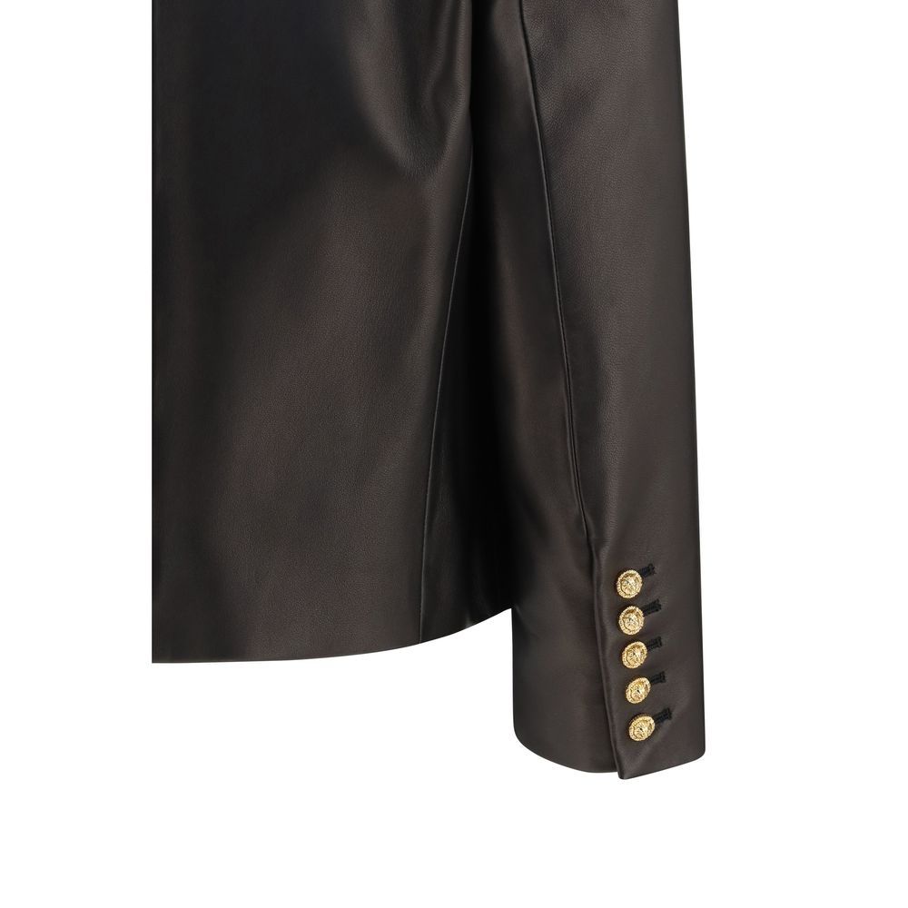 Elevate your wardrobe with the Balmain Black Lamb Ovis Aries Leather Jacket, a masterpiece of exquisite craftsmanship and timeless elegance, perfect for sophisticated occasions.