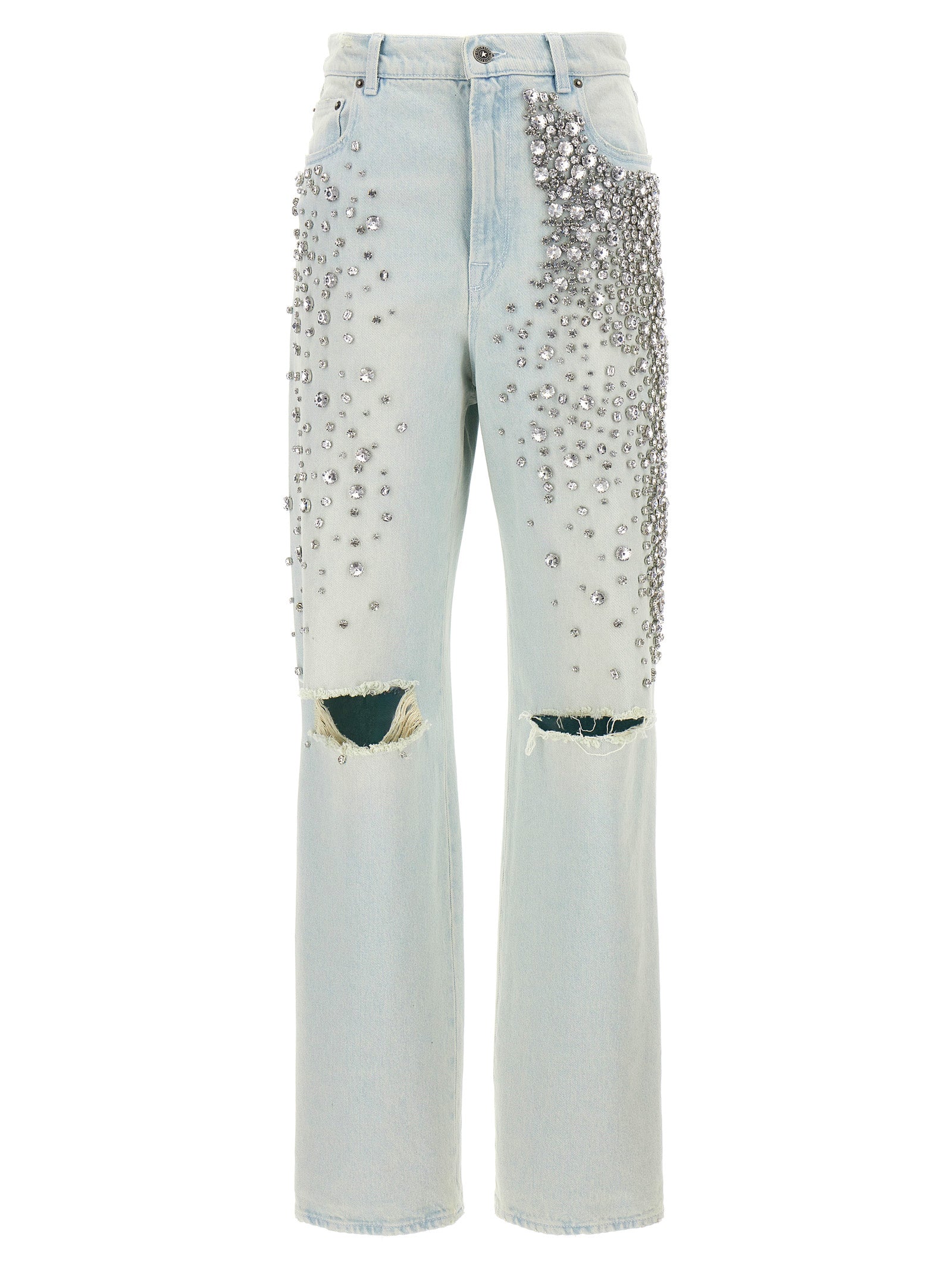 Elevate your wardrobe with Golden Goose's 'Kim' jeans, where Italian craftsmanship meets luxurious light blue cotton and exquisite crystal embellishments for a statement look.