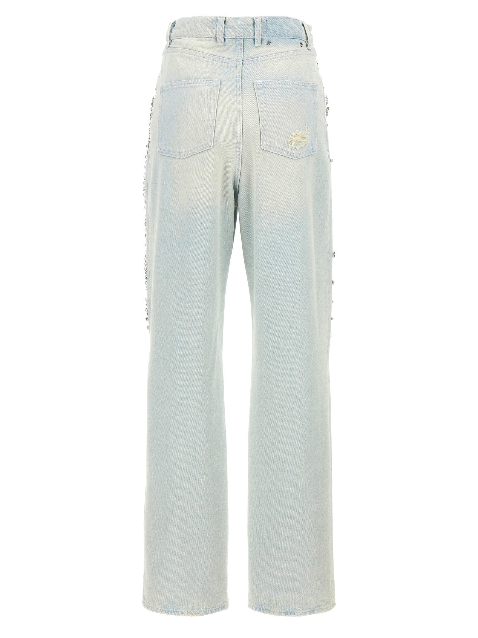 Indulge in the exquisite luxury of Golden Goose Blue Cotton Jeans, meticulously crafted in Italy with distressed detailing and crystal embellishments for a timeless statement.