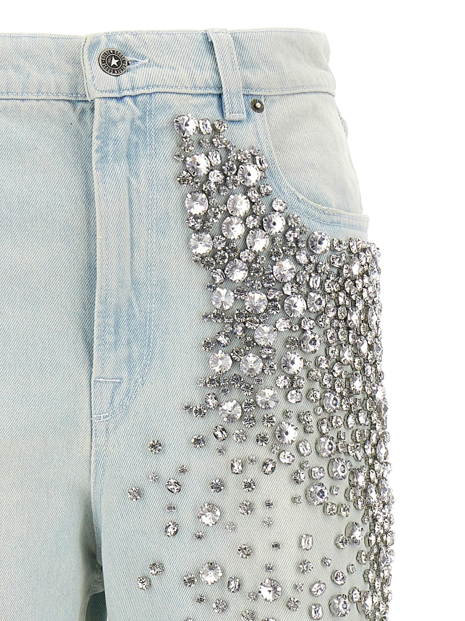 Elevate your wardrobe with Golden Goose's 'Kim' jeans, crafted in Italy from 100% cotton, featuring exquisite crystal embellishments for a sophisticated, luxurious look.