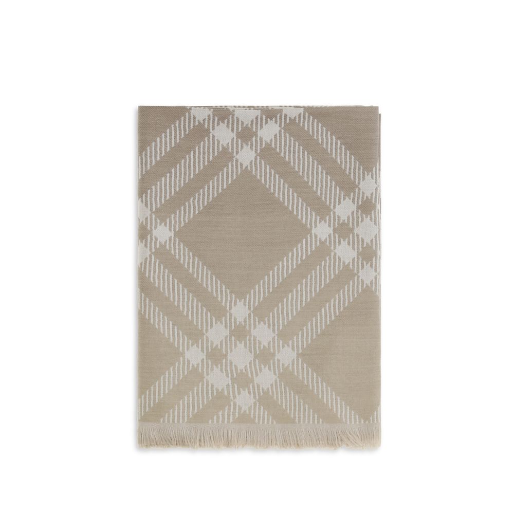 Elevate your elegance with the Burberry Beige Wool Oves Aries Scarf, a luxurious blend of wool and silk, crafted in Italy for timeless sophistication and allure.