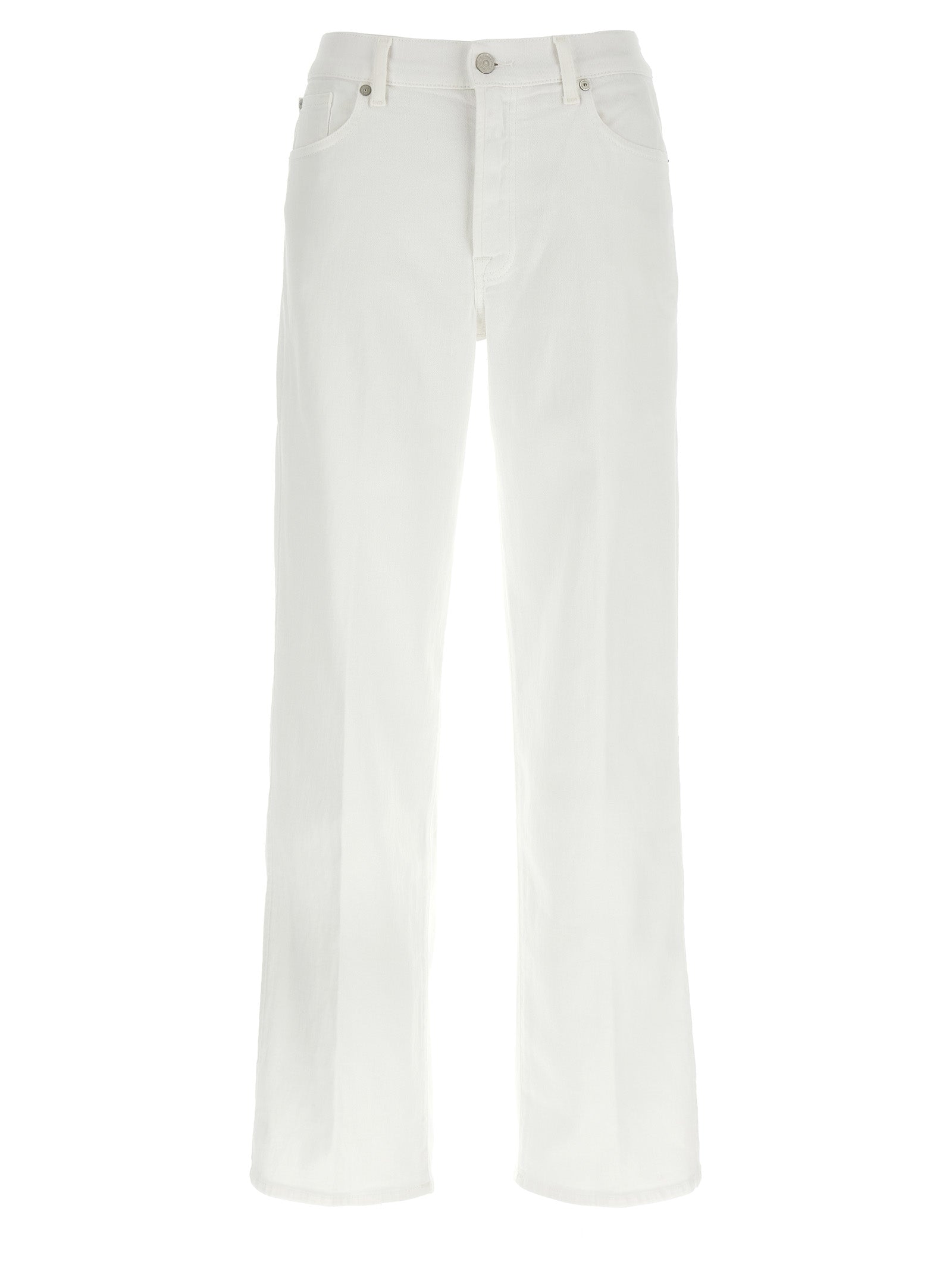 Indulge in the luxurious 7 For All Mankind White Cotton Straight-Leg Jeans, a timeless blend of exquisite craftsmanship and effortless elegance, perfect for any occasion.