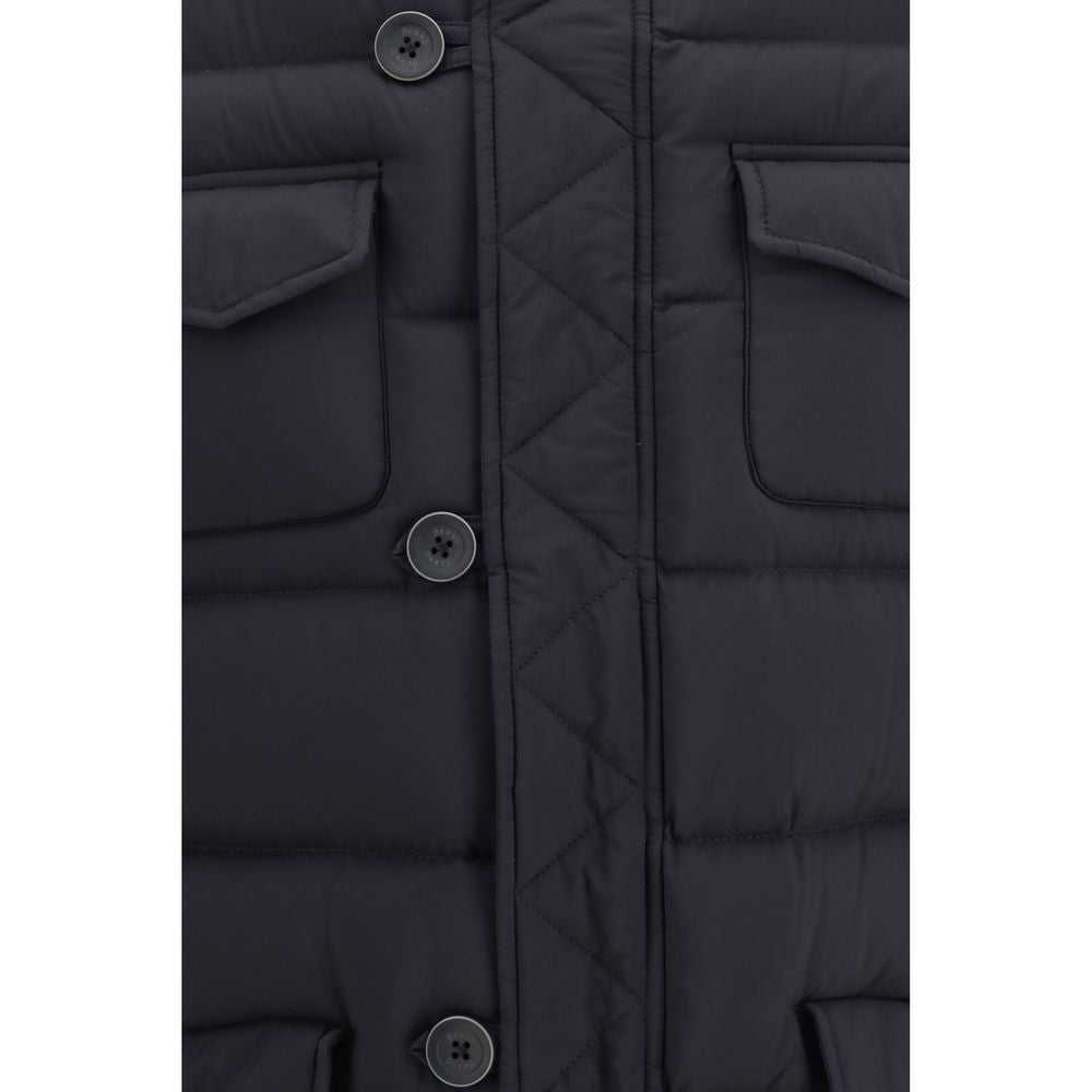 Experience the sublime elegance of the Herno Black Polyester Full-Length Jacket, where luxurious goose down meets exquisite craftsmanship for unparalleled warmth and sophistication.