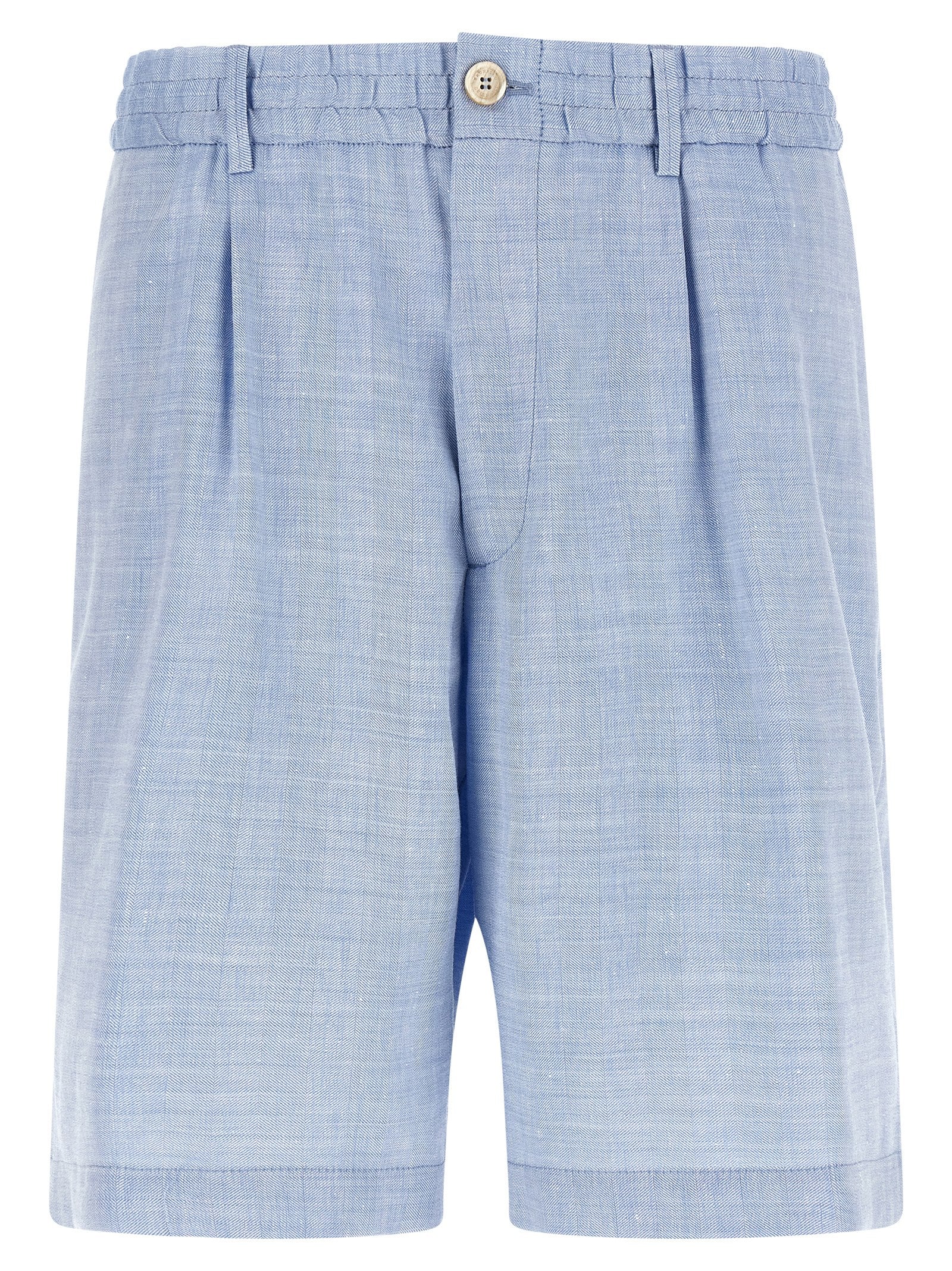 Elevate your summer wardrobe with Brunello Cucinelli's Blue Linen Bermuda Shorts, crafted from a luxurious linen-virgin wool blend, embodying effortless sophistication and timeless elegance.