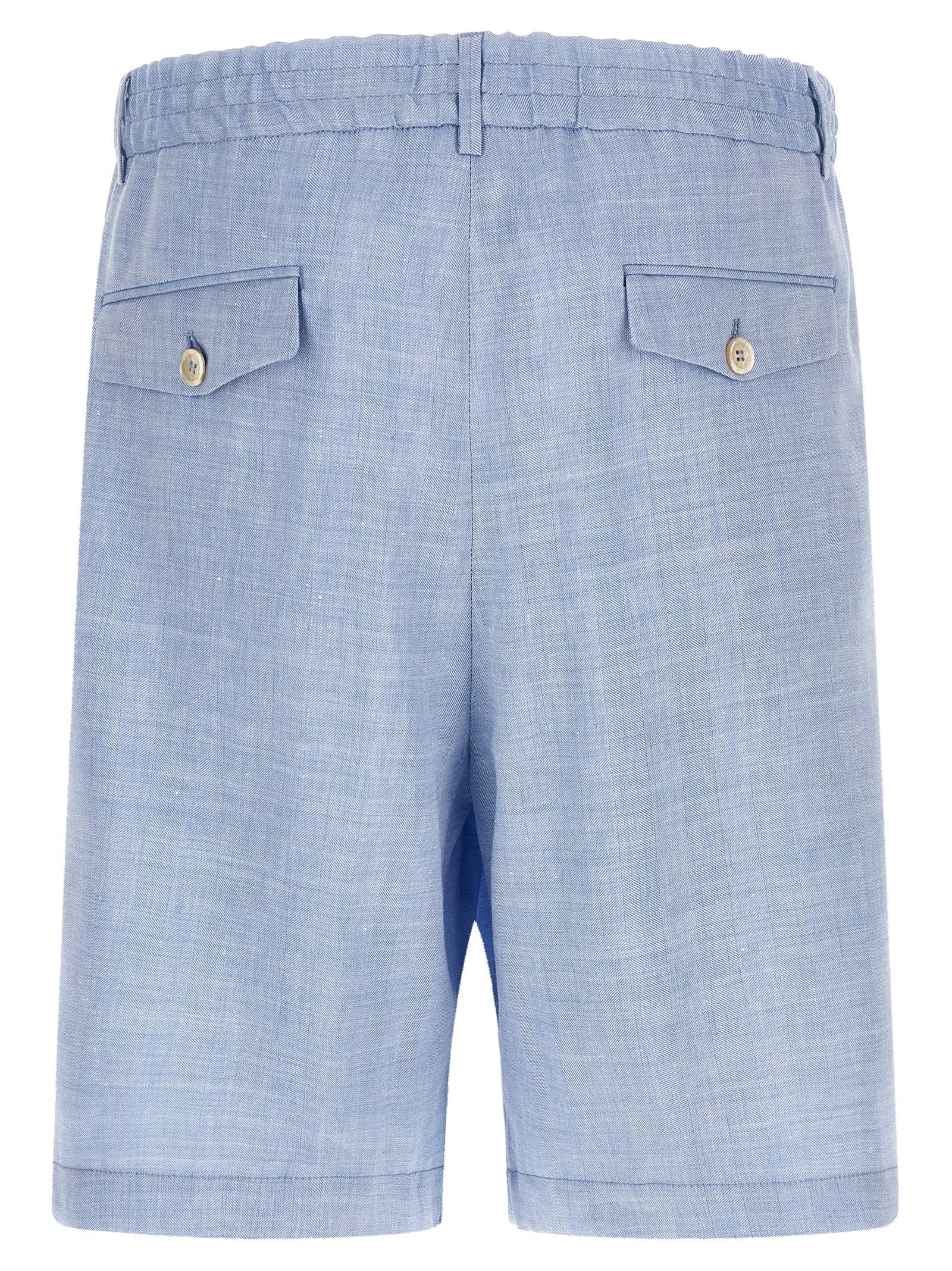 Indulge in the exquisite Brunello Cucinelli Blue Linen Bermuda Shorts, crafted from a luxurious linen-virgin wool blend, embodying effortless elegance for the discerning individual.