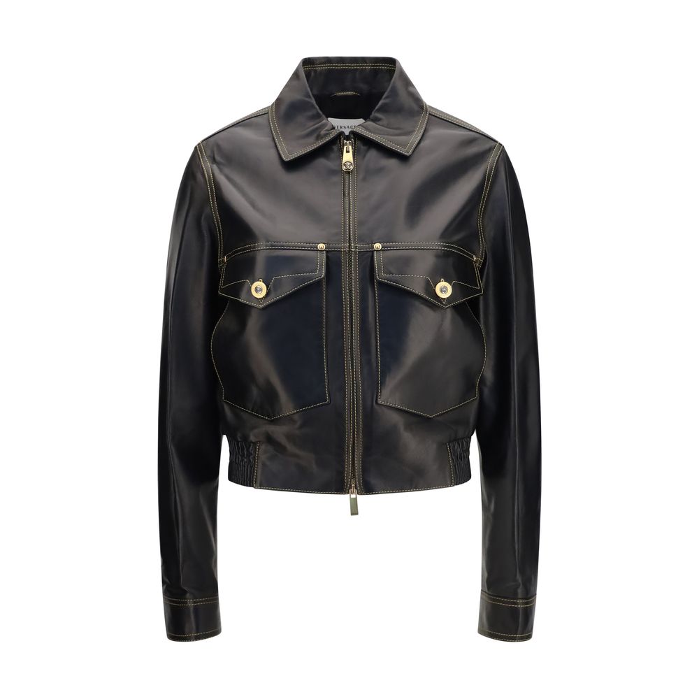 Elevate your wardrobe with the Versace Black Lamb Ovis Aries Leather Jacket, a masterpiece of nappa leather craftsmanship that embodies timeless luxury and sophistication.