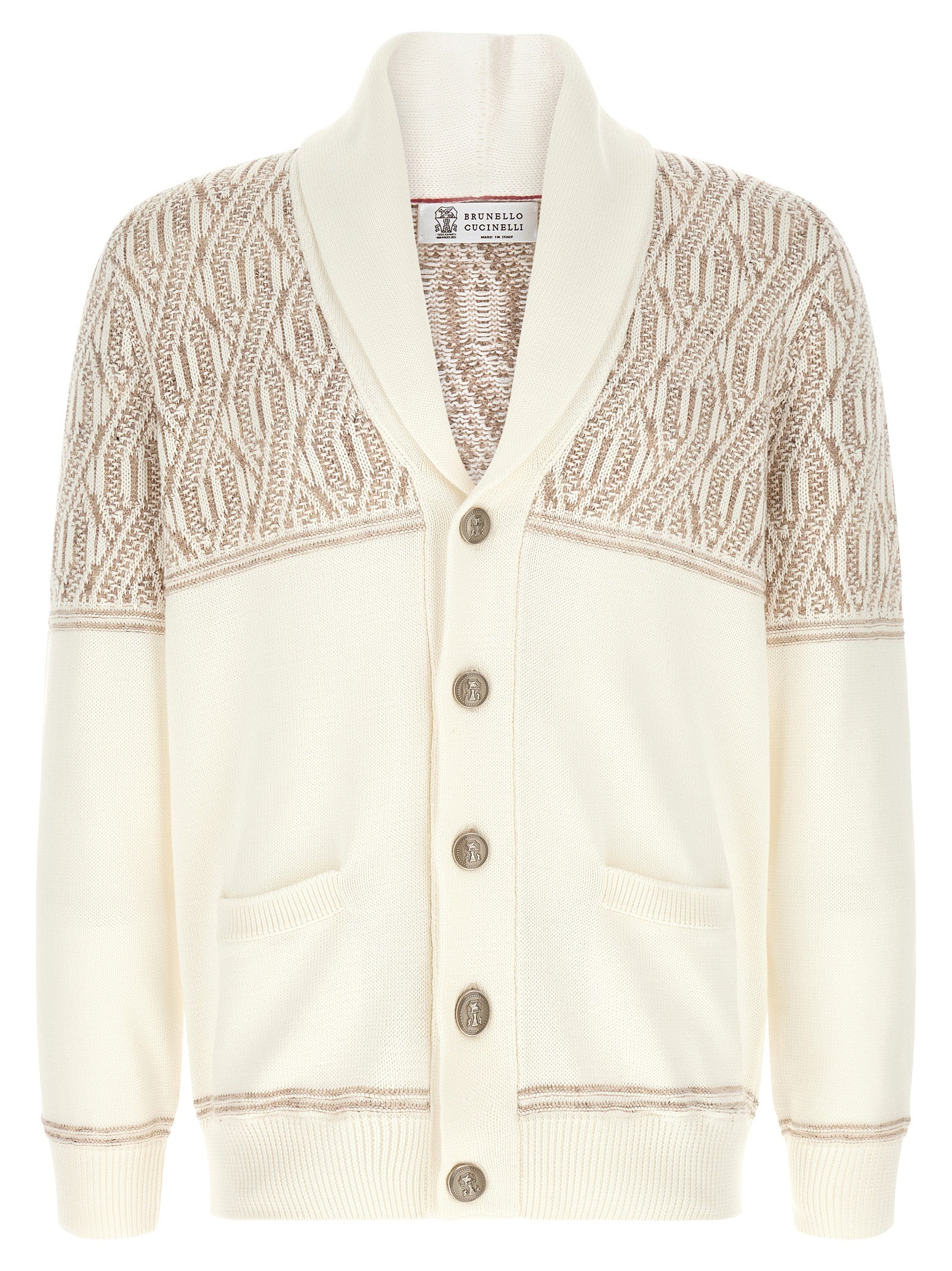 Discover the Brunello Cucinelli Beige Cotton Cardigan, a masterpiece of intricate jacquard craftsmanship, embodying timeless elegance and sophisticated luxury for discerning individuals.