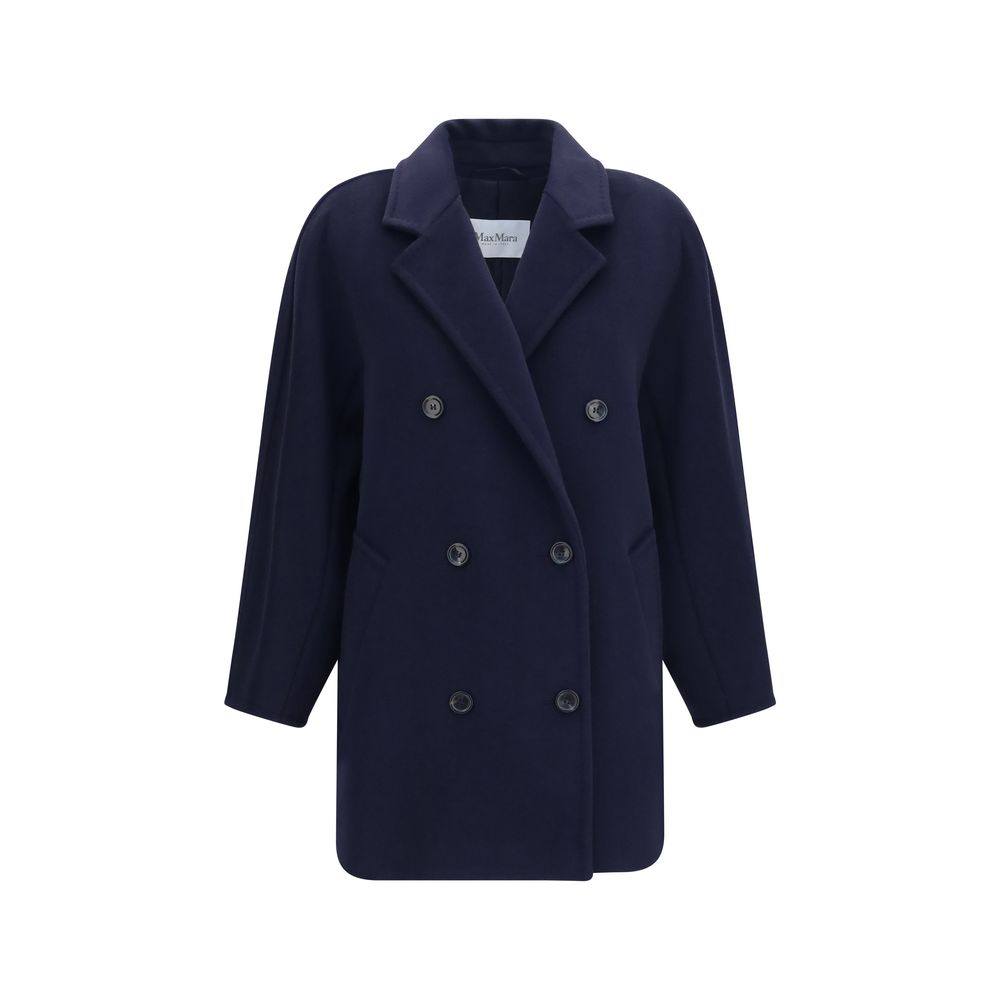Indulge in the Max Mara Blue Wool Oves Aries Full-Length Jacket, a masterpiece of tailored elegance crafted from luxurious Merino wool and cashmere, perfect for sophisticated occasions.