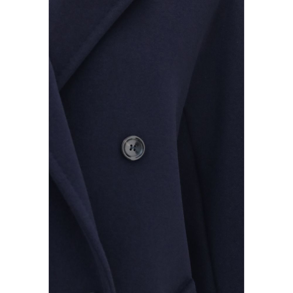 Indulge in the Max Mara Blue Wool Oves Aries Full-Length Jacket, a masterpiece of tailored elegance crafted from luxurious Merino wool and cashmere, perfect for sophisticated occasions.