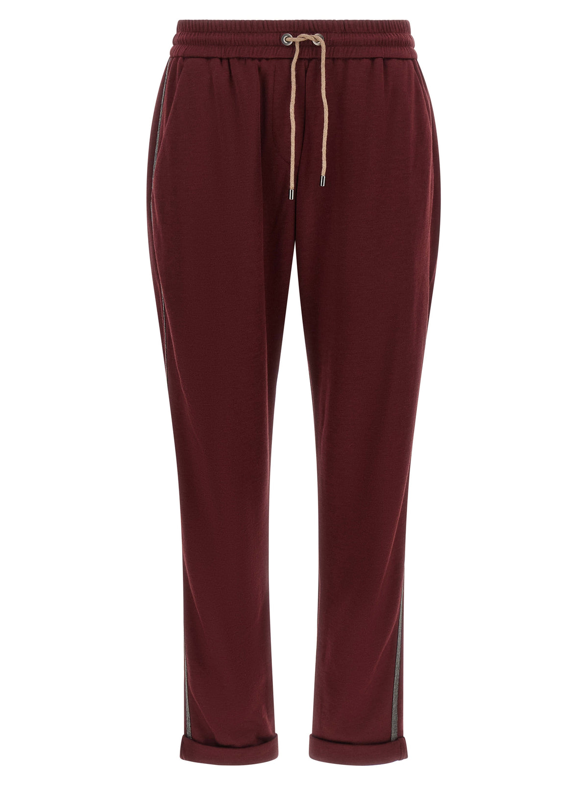Elevate your leisurewear with Brunello Cucinelli Bordeaux Cotton Joggers, a luxurious blend of cotton and silk, embodying sophisticated elegance and timeless versatility.