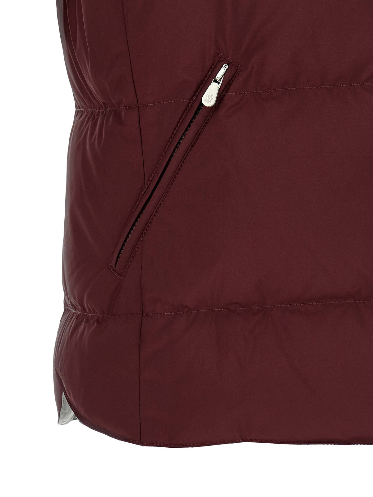 Discover the Brunello Cucinelli Bordeaux Polyester Sleeveless Jacket, a masterpiece of luxurious craftsmanship and timeless elegance, perfect for the discerning individual.