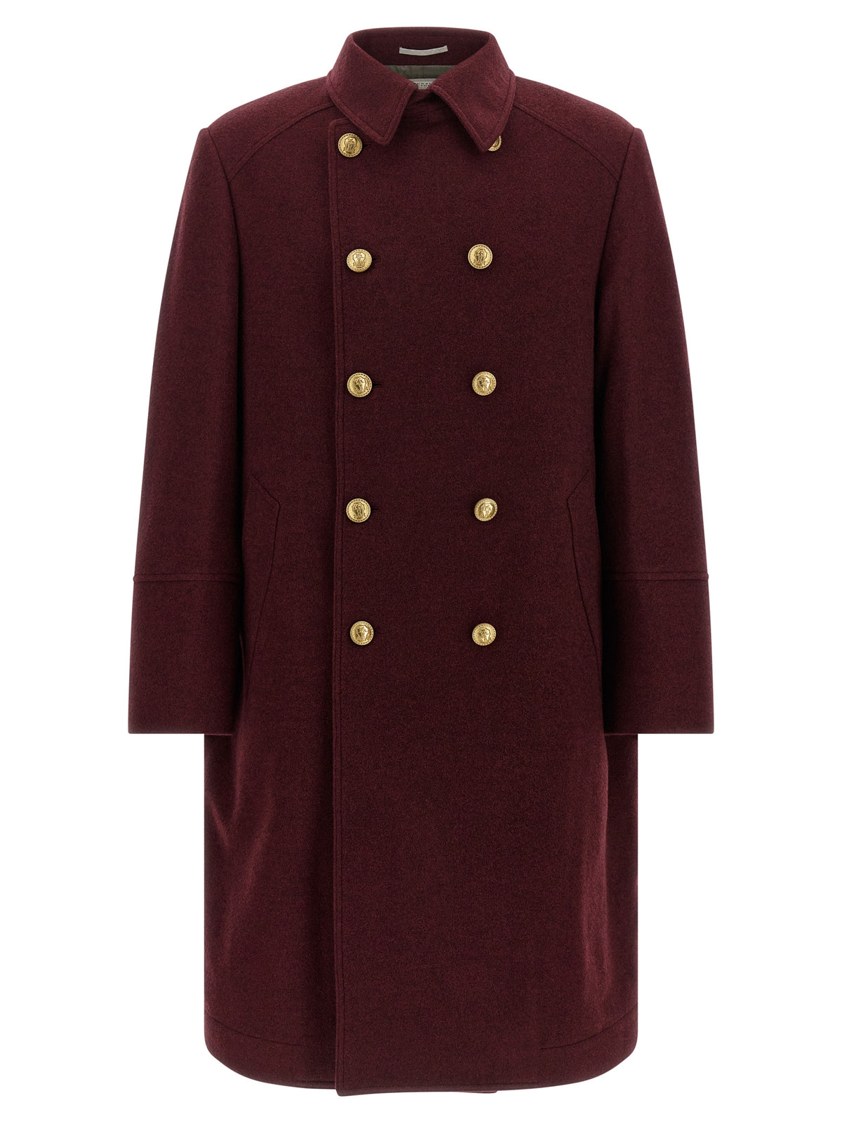 Indulge in the exquisite Brunello Cucinelli Bordeaux Cashmere Coat, a timeless piece of luxury crafted from pure cashmere, embodying sophistication and elegance for every occasion.