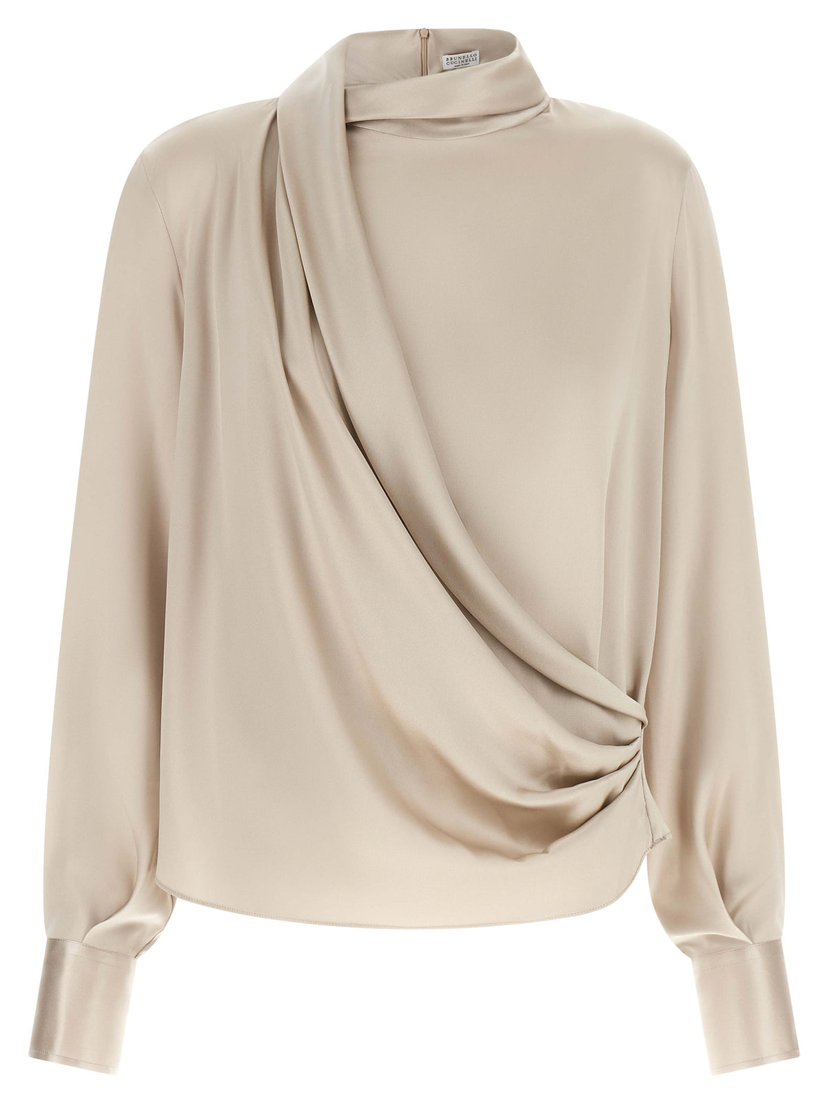 Indulge in the exquisite Brunello Cucinelli Beige Silk Blouse, a masterpiece of fluid stretch silk, embodying effortless elegance and timeless sophistication for the discerning individual.