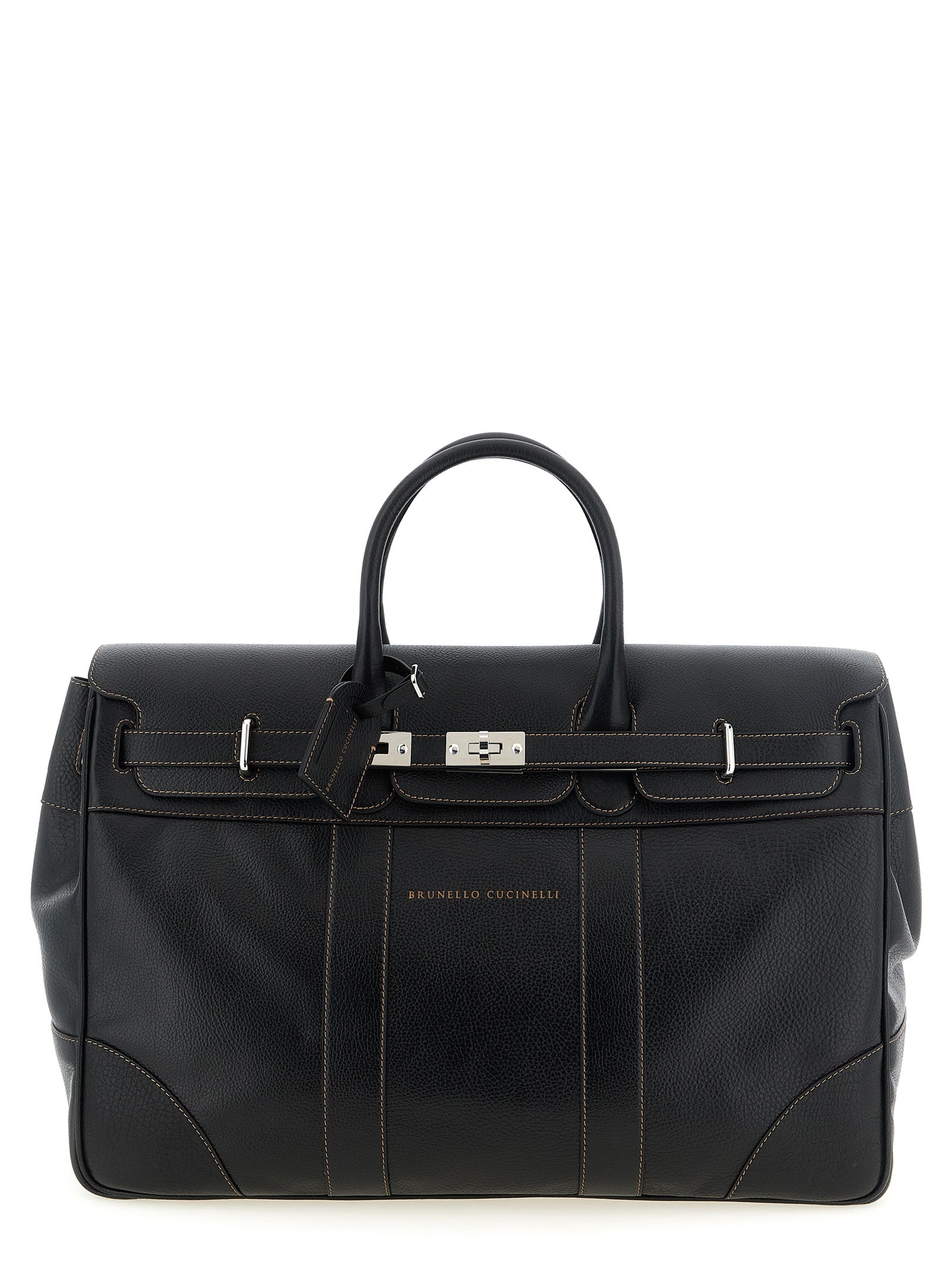 Brunello Cucinelli Weekender Bag in Black Hammered Calfskin