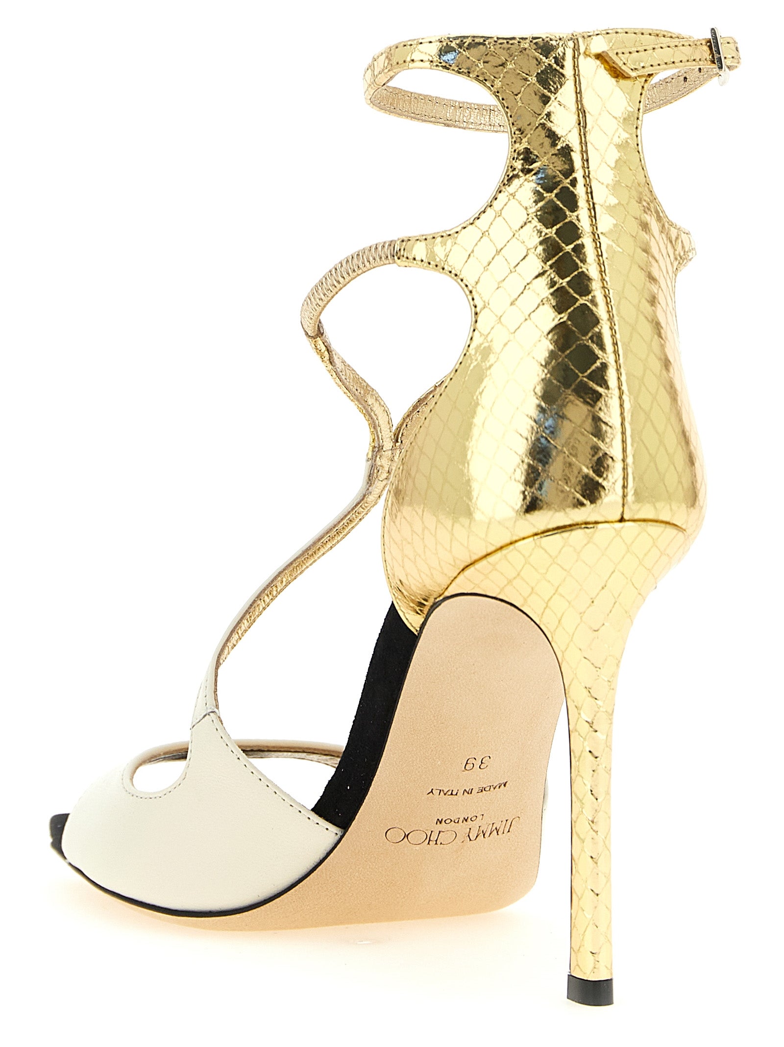 Elevate your style with Jimmy Choo Azia sandals, where luxurious cream and gold leather meet exquisite craftsmanship, perfect for the discerning connoisseur.