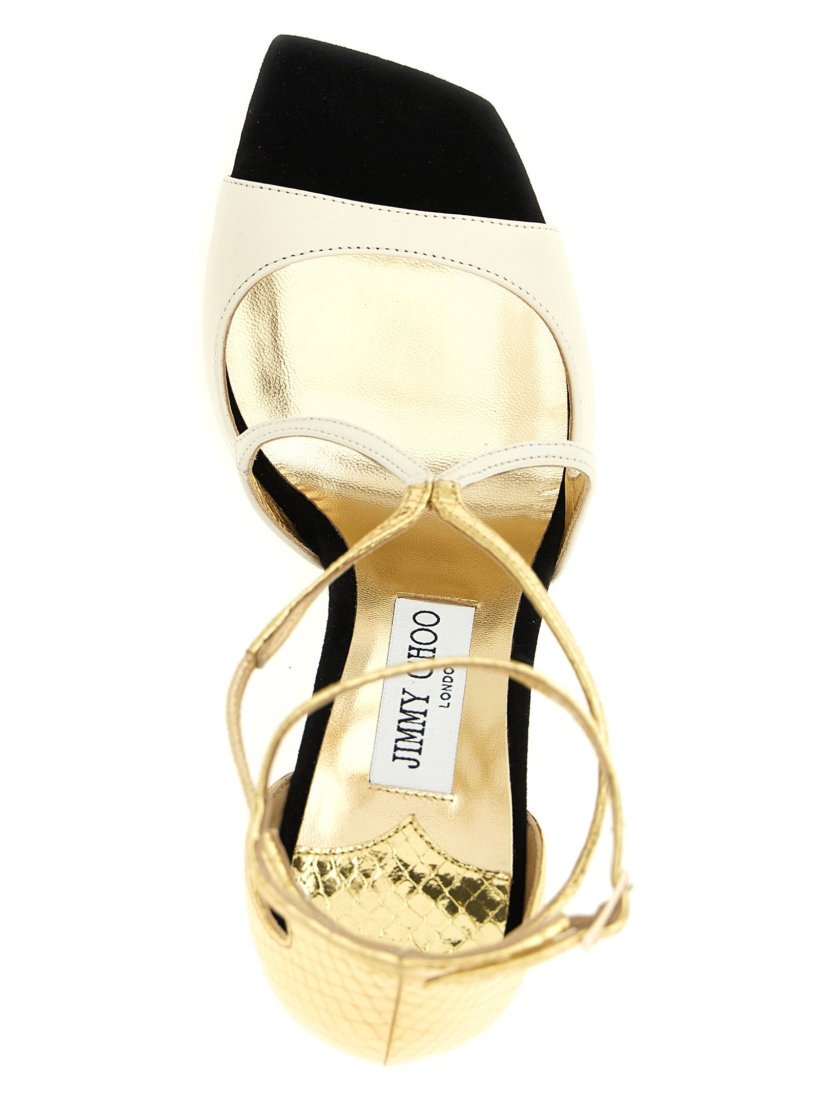Elevate your style with the Jimmy Choo Azia sandals, where luxurious cream and gold leather meet architectural elegance, perfect for any sophisticated occasion.