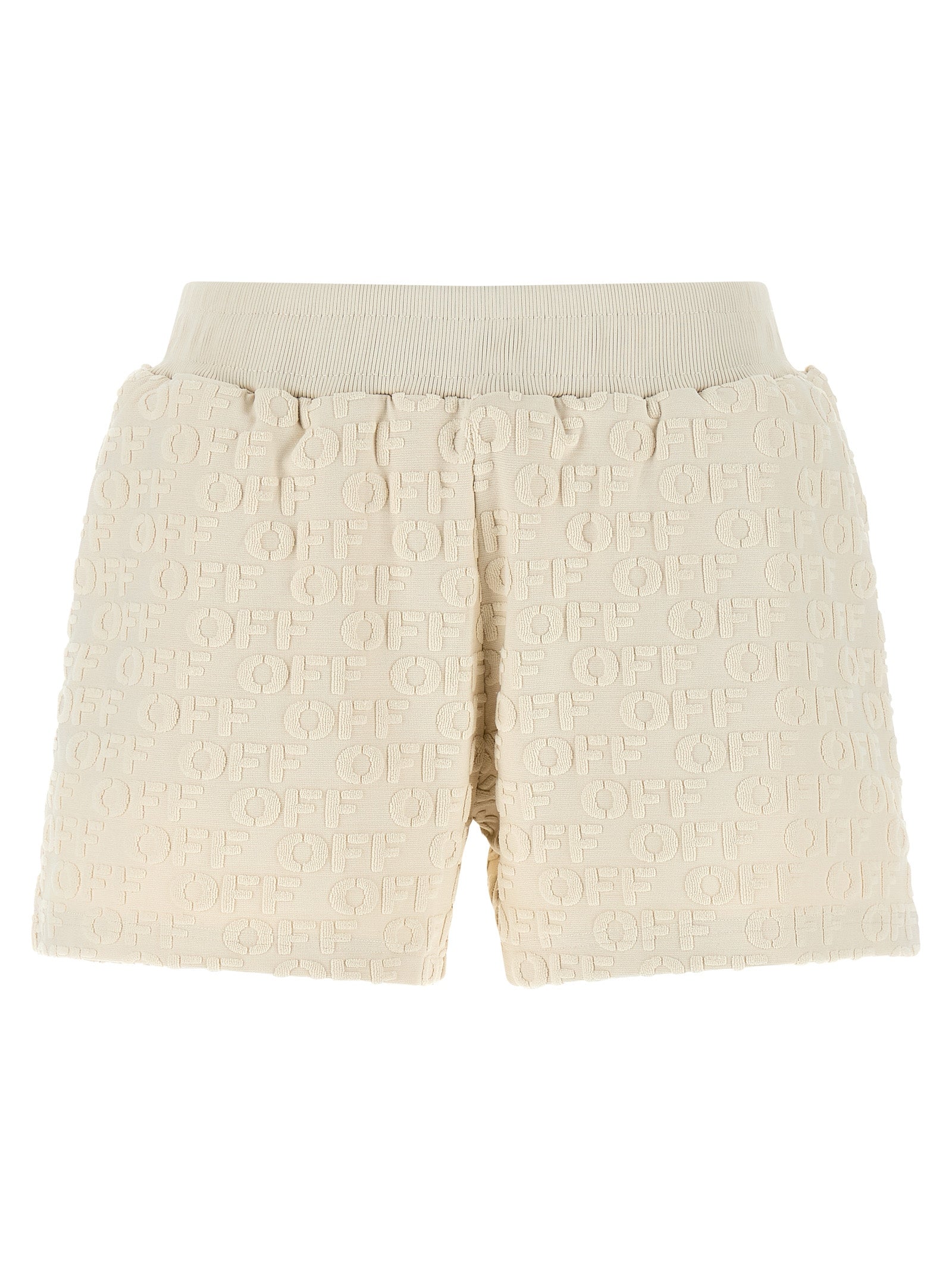 Indulge in the exquisite Off-White Beige Cotton Bermuda Shorts, crafted from pure cotton with a luxurious terry cloth texture, embodying effortless elegance for the discerning individual.