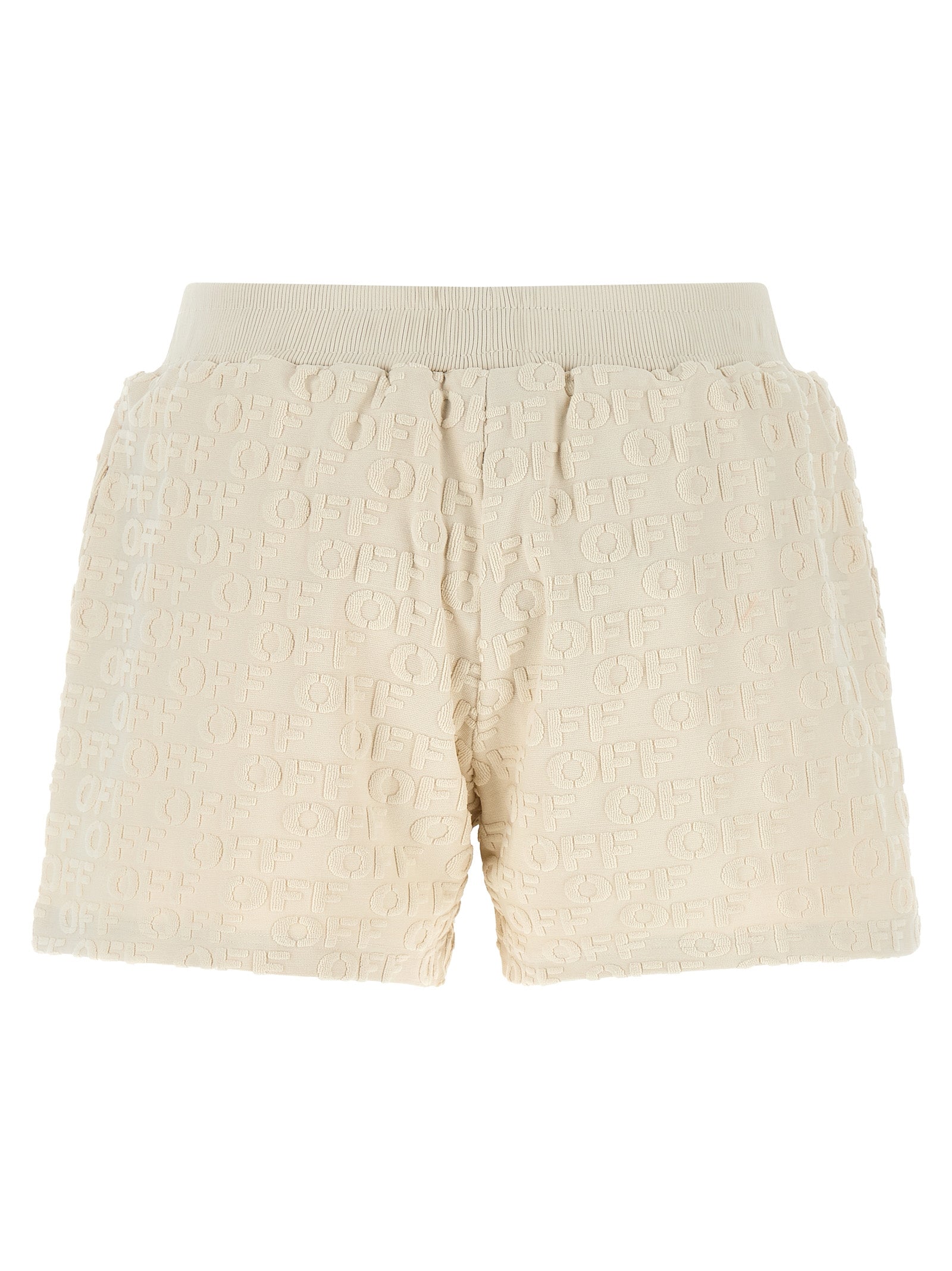 Indulge in the Off-White Beige Cotton Bermuda Shorts, crafted from pure cotton with luxurious terry cloth texture, embodying effortless elegance for the discerning individual.