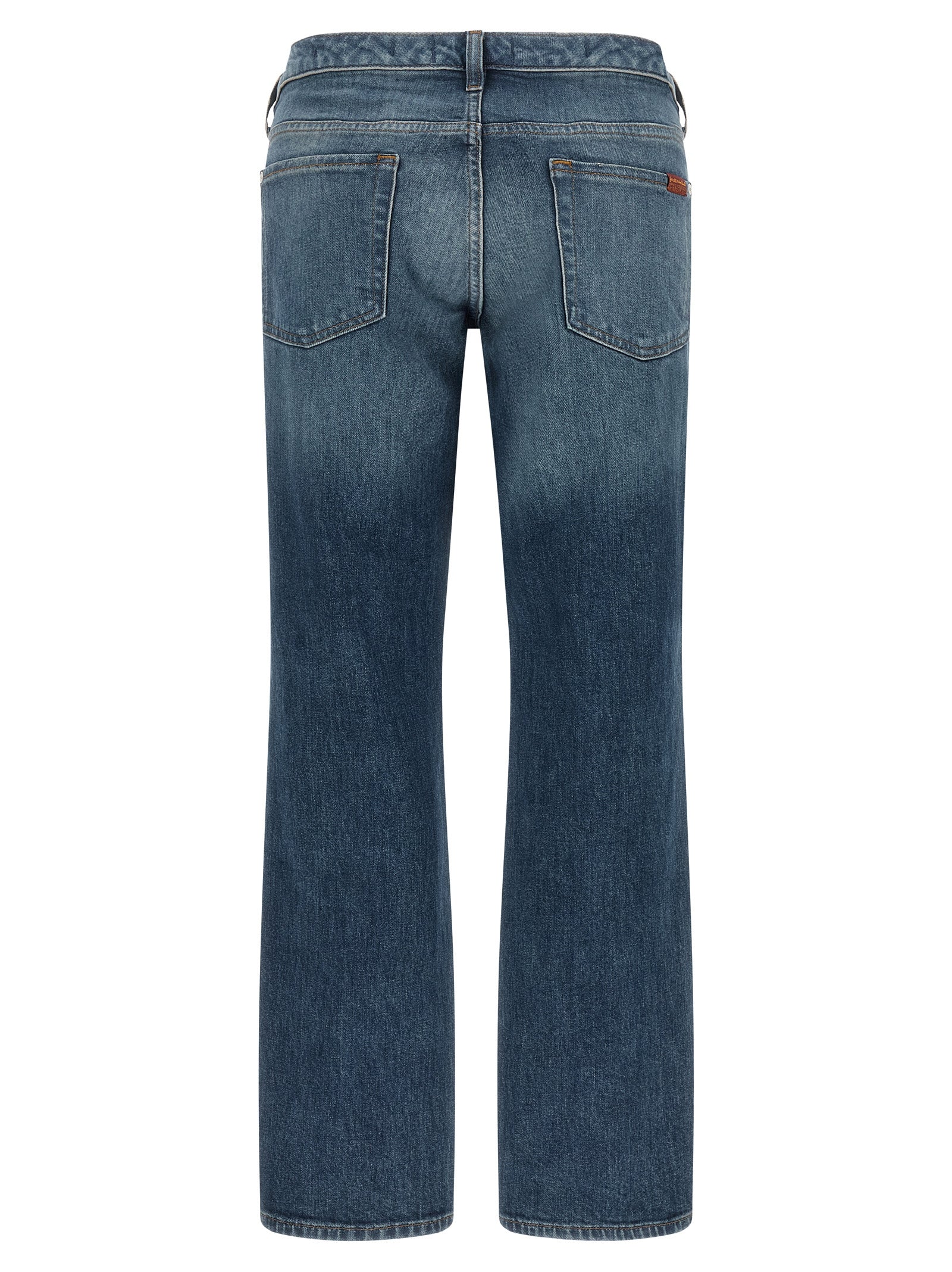 Elevate your wardrobe with the 7 For All Mankind Blue Cotton Tapered Jeans, where luxurious comfort meets sophisticated style in a timeless medium blue wash.