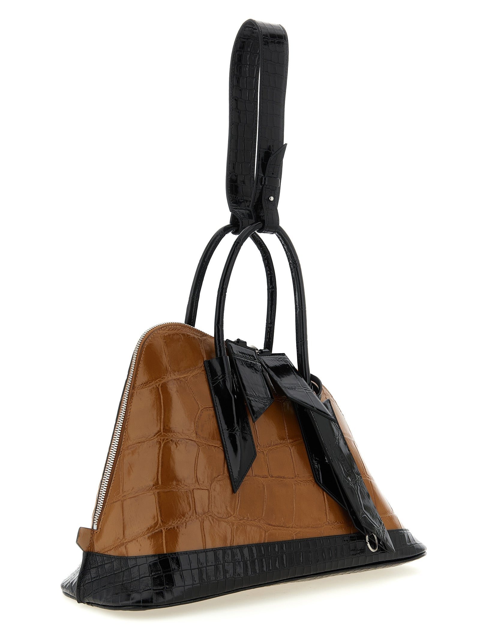 Discover the Attico Brown Calf Leather Bos Taurus Handbag, a masterpiece of Italian craftsmanship featuring a glossy crocodile print and exquisite details, perfect for the discerning fashion connoisseur.