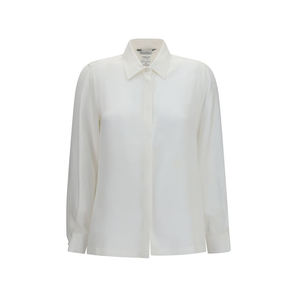 Elevate your wardrobe with the Max Mara White Silk Dress Shirt, crafted from luxurious silk crepe de chine, embodying timeless elegance for the discerning individual.