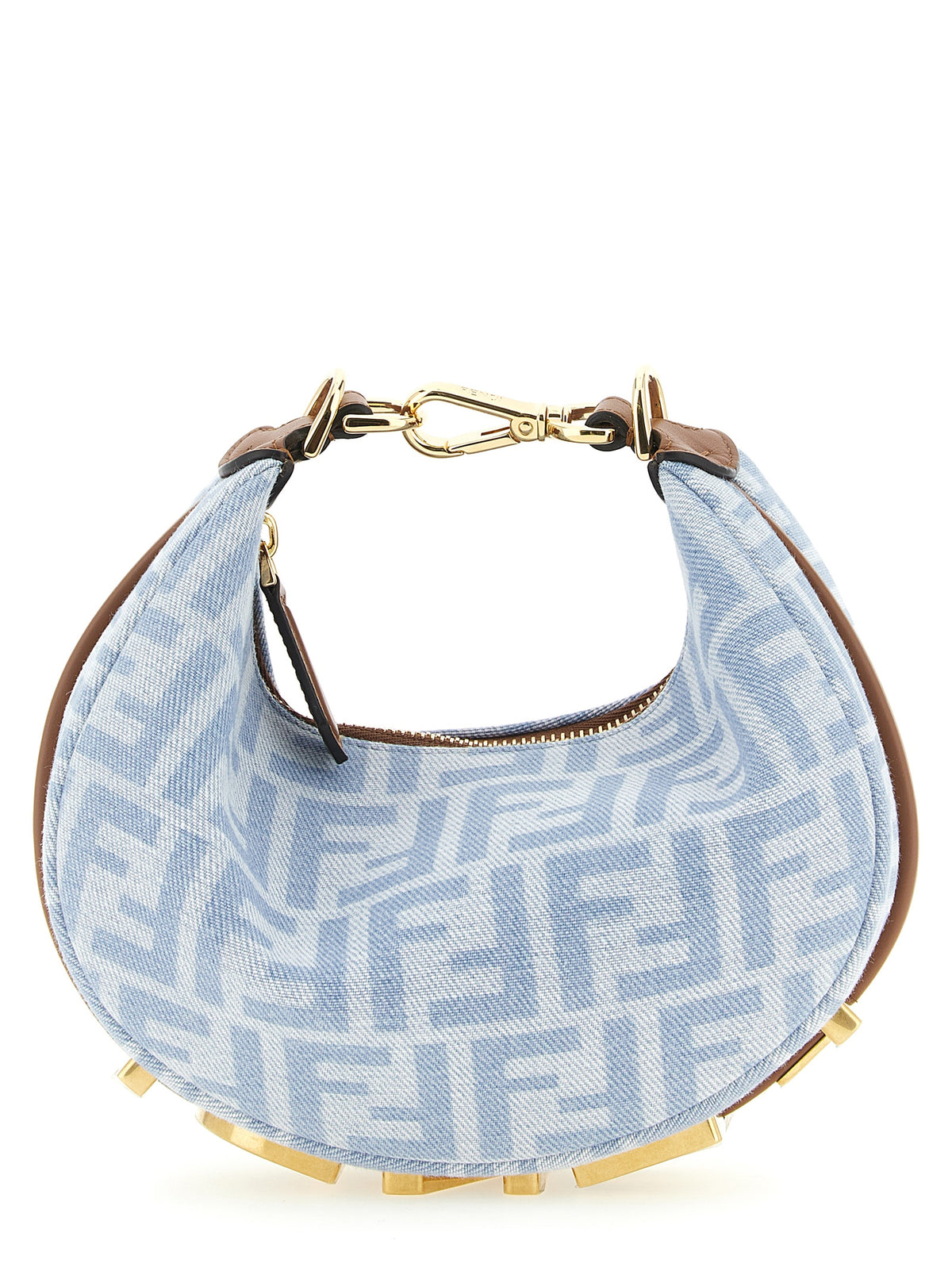 Elevate your style with the Fendi Blue Cotton Handbag from the FENDI ‘Fendigraphy’ collection, a masterpiece of structured denim and vintage gold accents, embodying modern elegance.