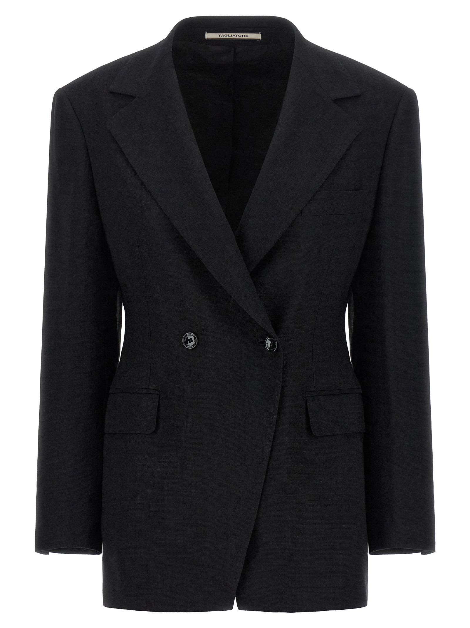 Indulge in the exquisite Tagliatore Black Viscose Blazer, a masterpiece of Italian craftsmanship that embodies timeless elegance and sophisticated allure for the discerning individual.
