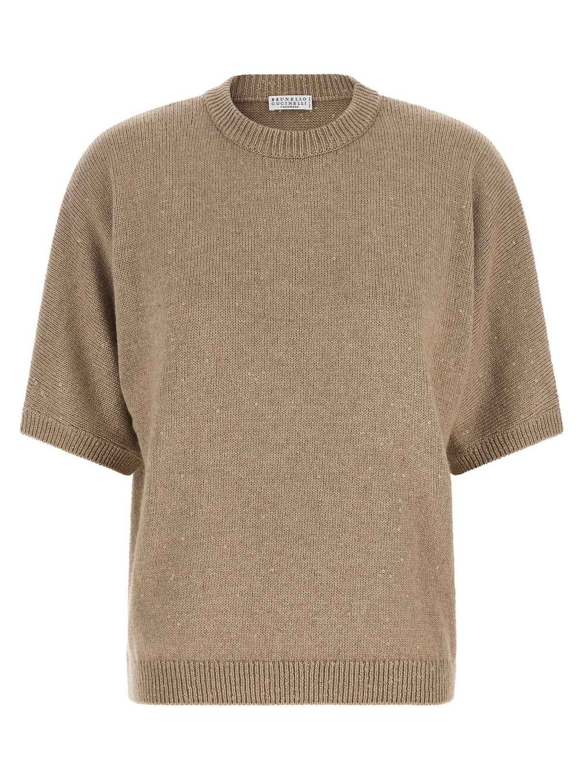 Elevate your wardrobe with the Brunello Cucinelli Beige Cashmere Cardigan, a luxurious blend of cashmere and silk, adorned with delicate micro sequins for timeless elegance.