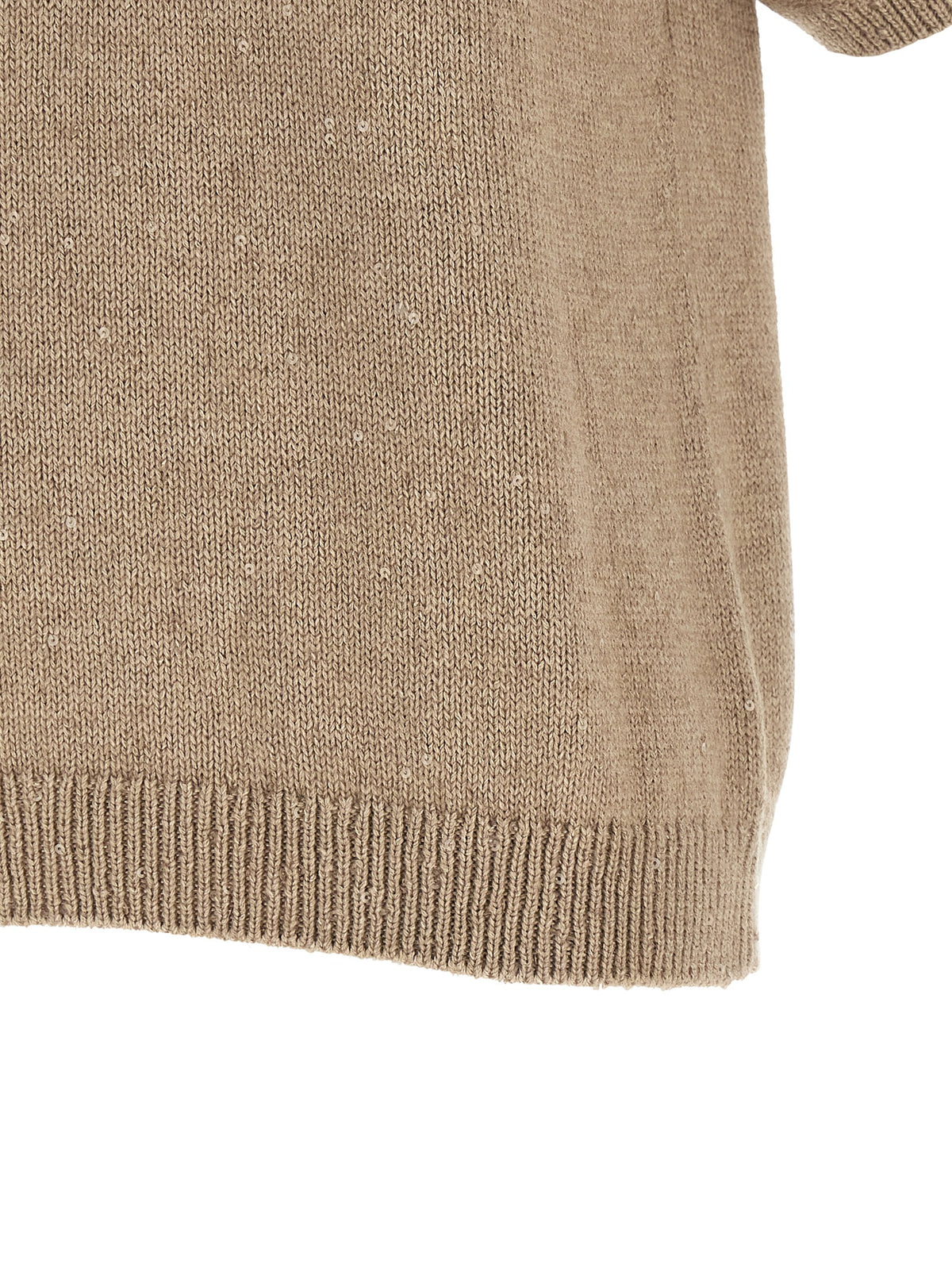Indulge in the exquisite Brunello Cucinelli Beige Cashmere Cardigan, a luxurious blend of cashmere and silk, adorned with delicate micro sequins, embodying timeless elegance and sophisticated allure.