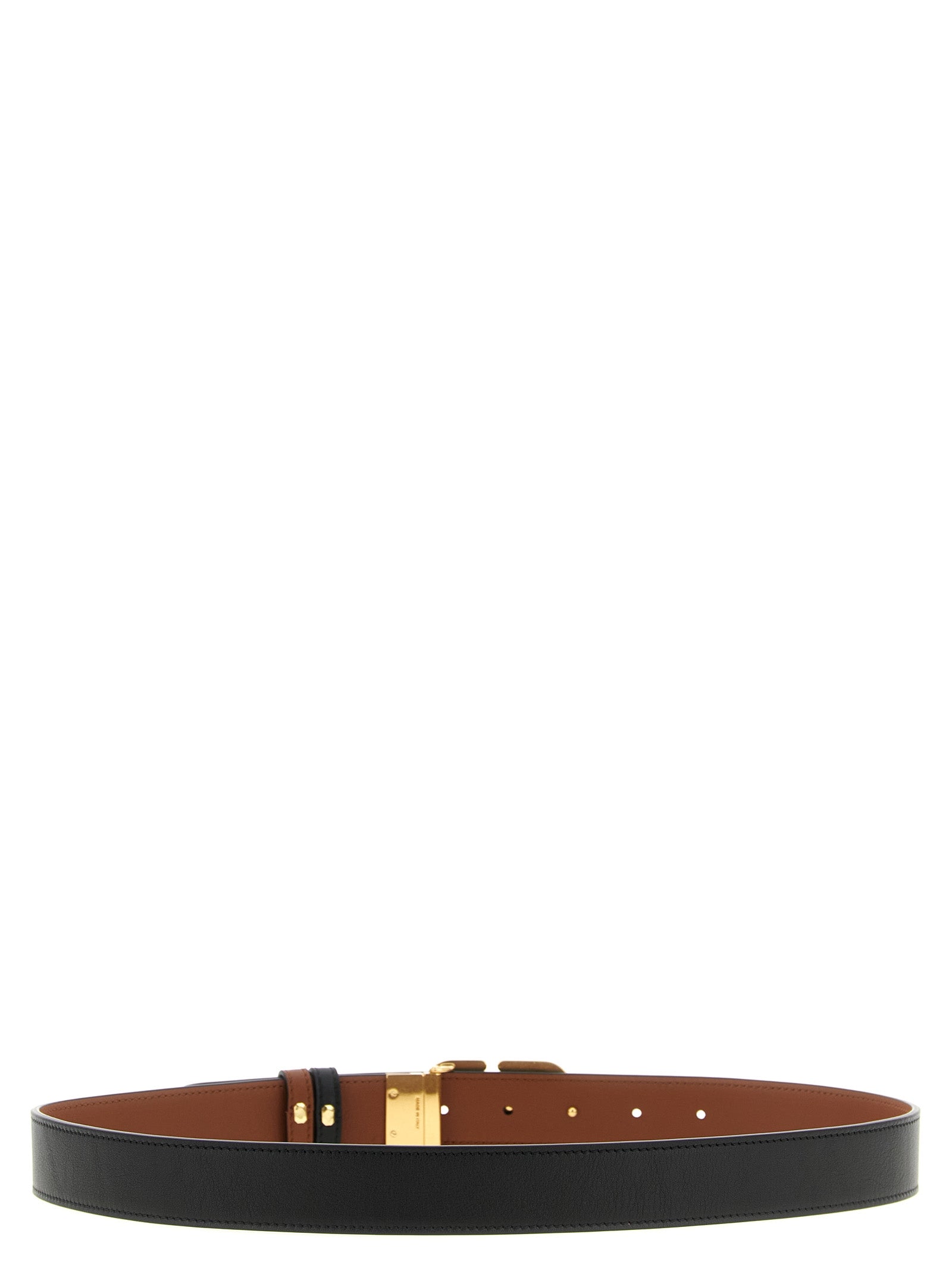 Indulge in the exquisite Valentino Garavani Black Calfskin Regular Belt, a reversible masterpiece of structured leather and antique gold, embodying timeless elegance and sophistication.