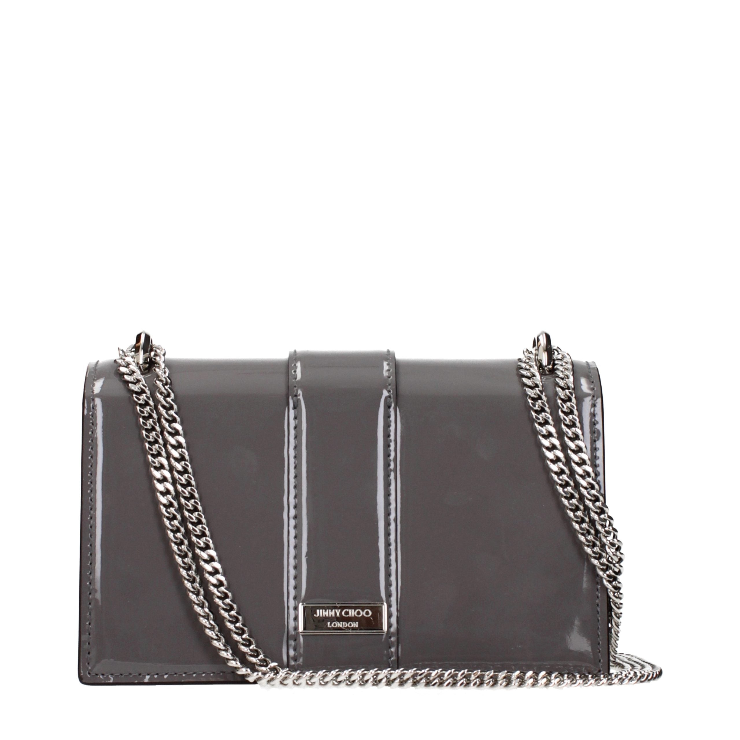 Elevate your style with the Jimmy Choo Gray Leather Shoulder Bag, a masterpiece of patent leather craftsmanship that embodies timeless luxury and sophistication.