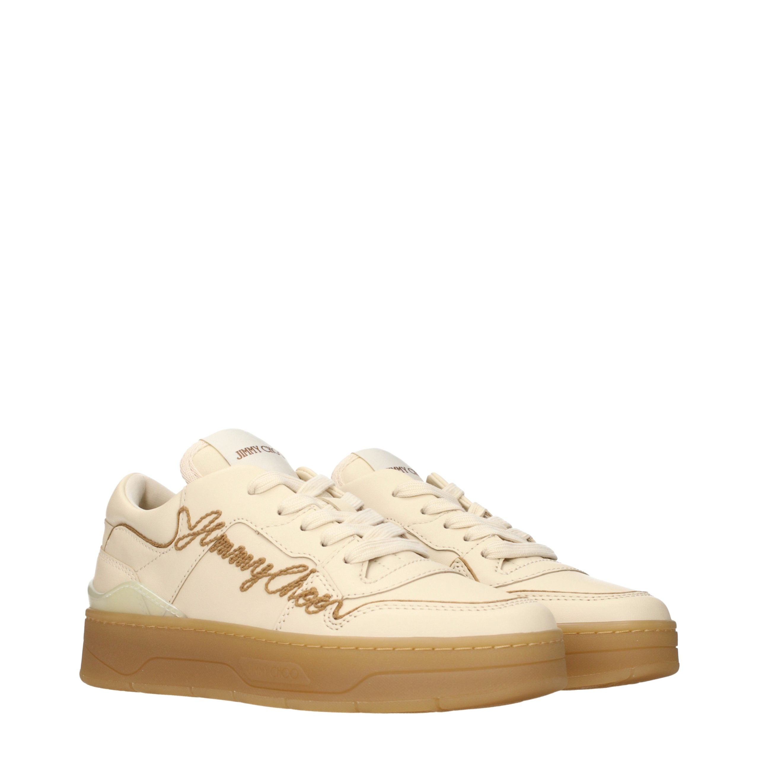 Elevate your style with Jimmy Choo Beige Leather Low Top Sneakers, where exquisite craftsmanship meets timeless elegance for the discerning fashion connoisseur.