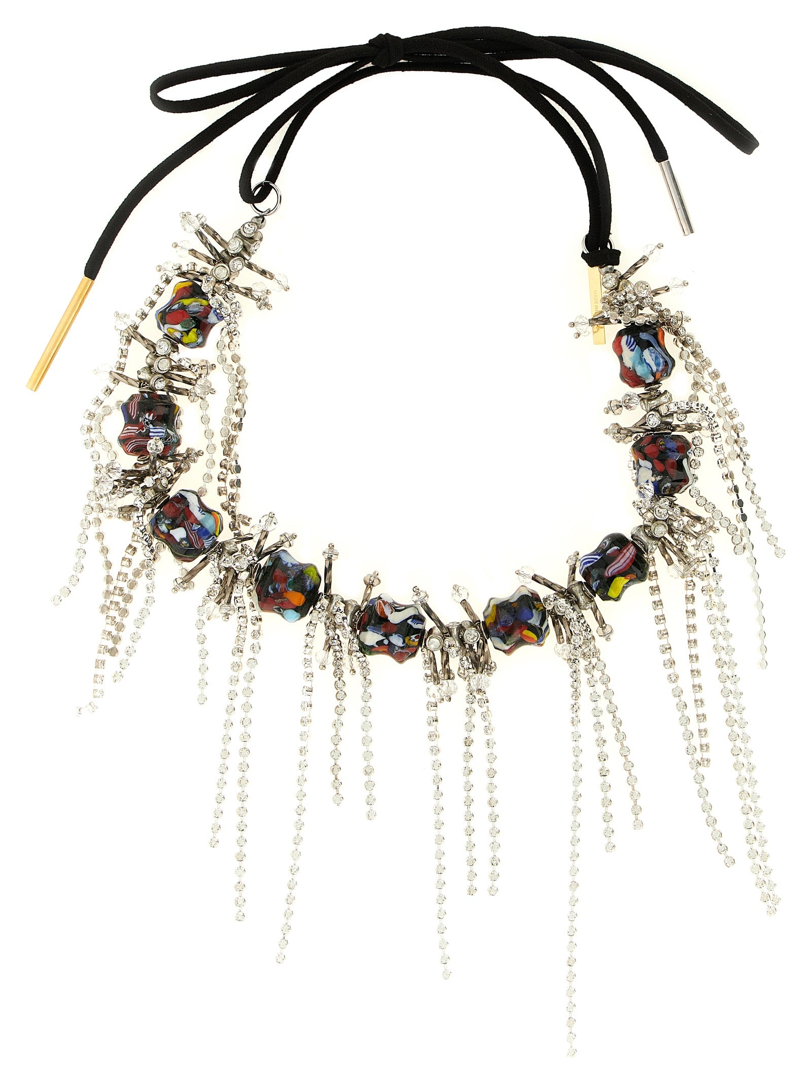 Elevate your style with the Dries Van Noten Black Glass Necklace, a sculptural masterpiece of polychrome glass and crystal fringes, embodying luxury and sophistication.