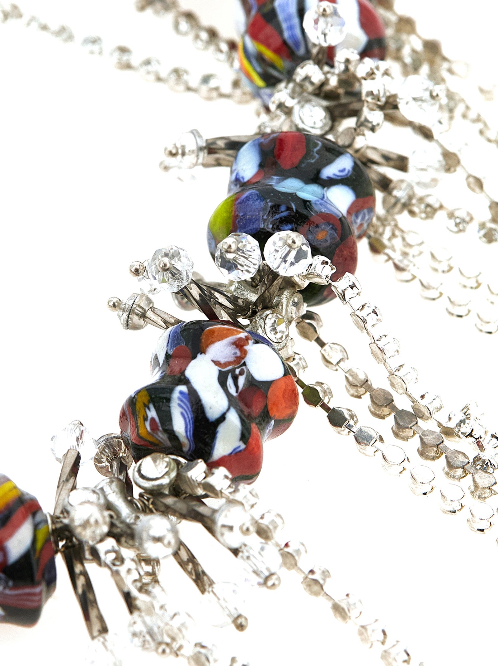 Elevate your elegance with the Dries Van Noten Black Glass Necklace, a sculptural masterpiece of polychrome glass and crystal fringes, embodying luxury and sophistication.