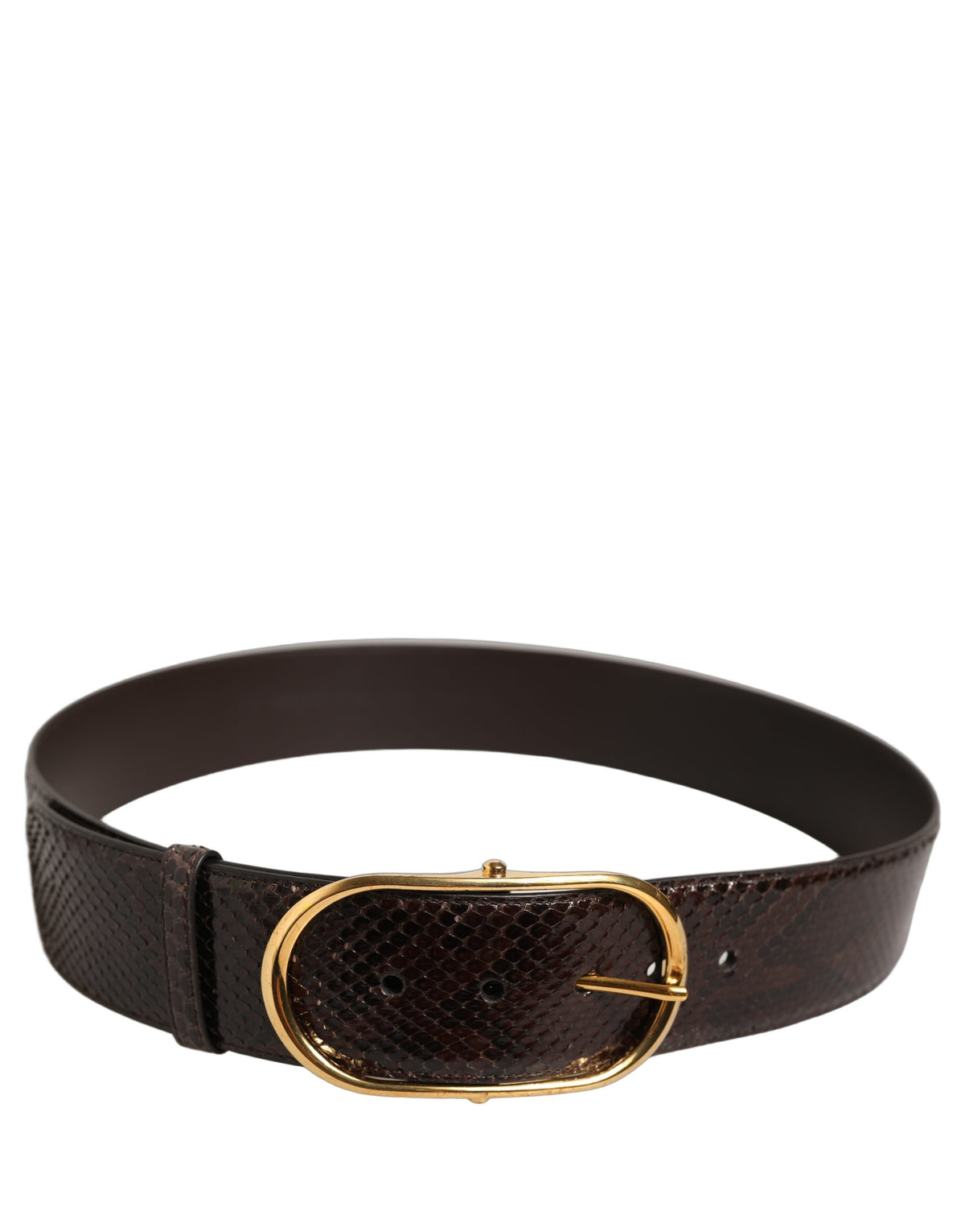 Elevate your style with the Dolce & Gabbana Brown Python Leather Gold Metal Buckle Belt, a masterpiece of Italian craftsmanship that embodies luxury and sophistication.