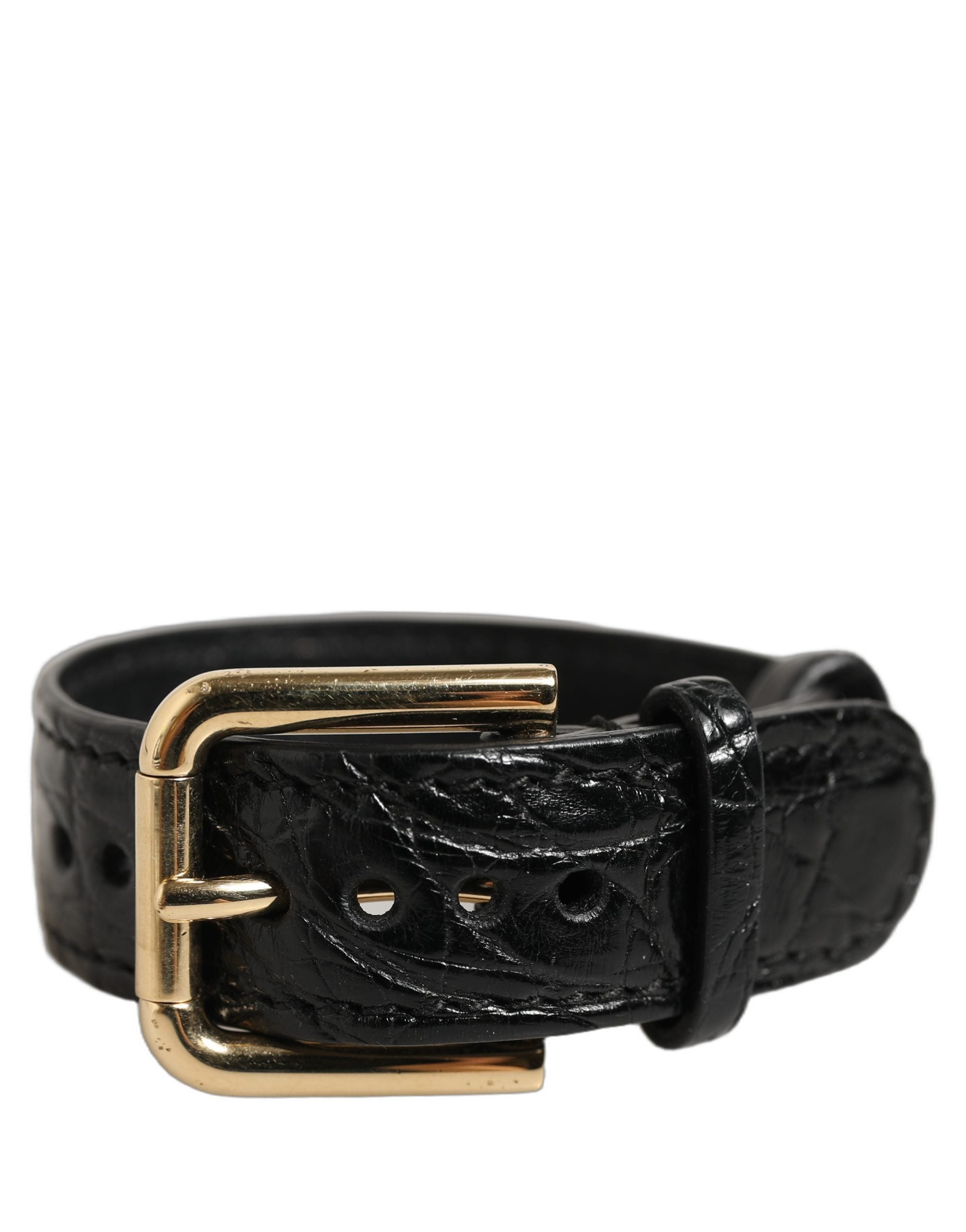 Dolce & Gabbana Black Textured Leather Gold Buckle Bracelet