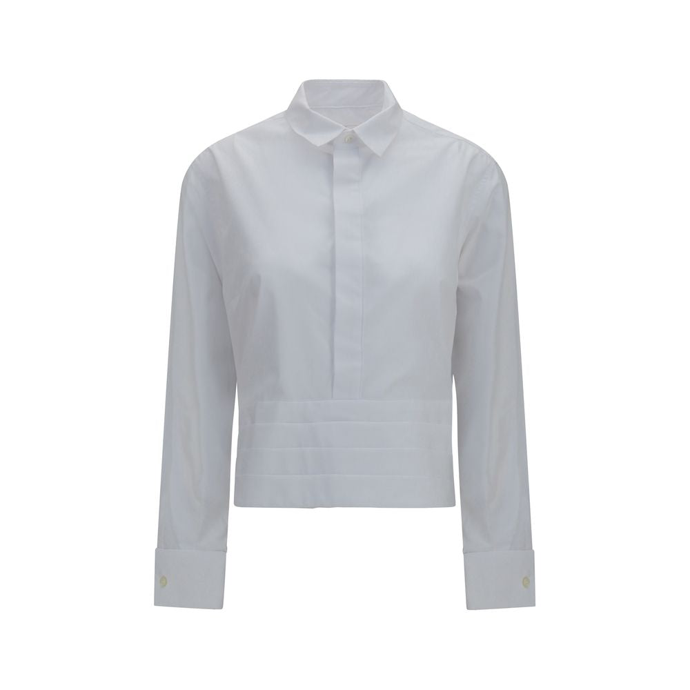 Discover the Sacai White Cotton Dress Shirt, a luxurious blend of comfort and sophistication, featuring a unique striped design and adjustable tonal belt for a personalized fit.