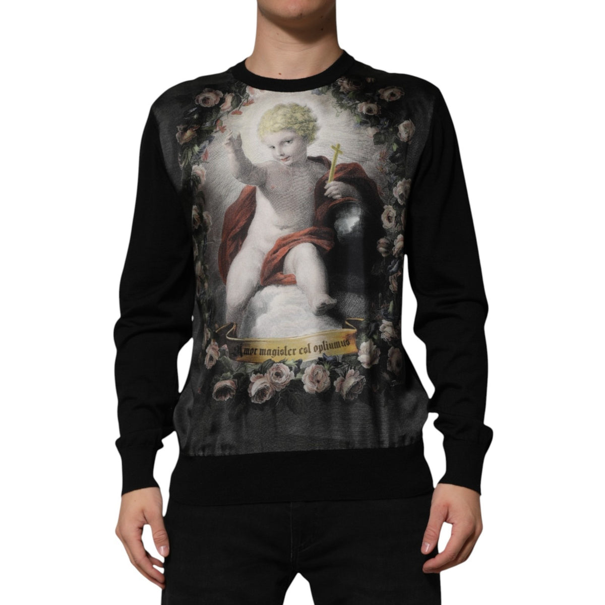 Dolce & Gabbana Black Cashmere Cherub Print Sweater - Luxury Elegance