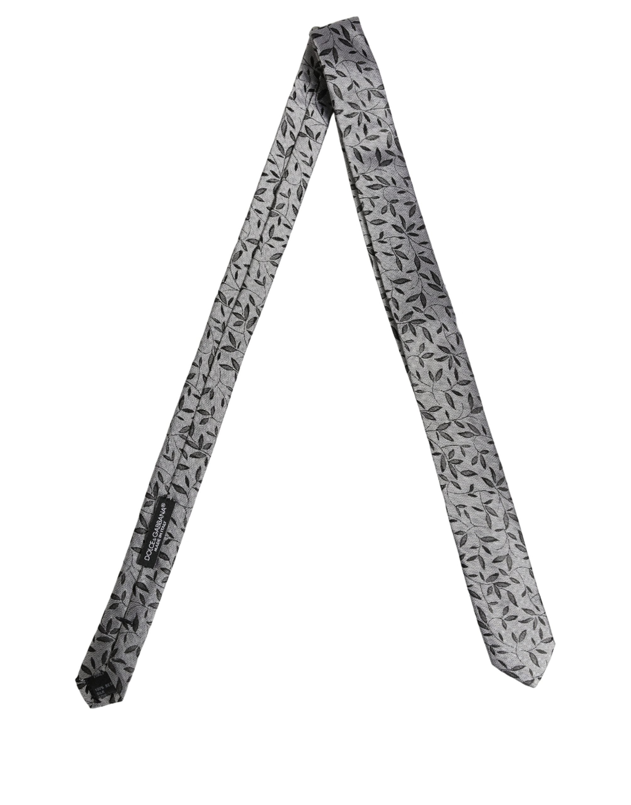 Dolce & Gabbana Gray Leaf Pattern Silk Necktie for Timeless Elegance