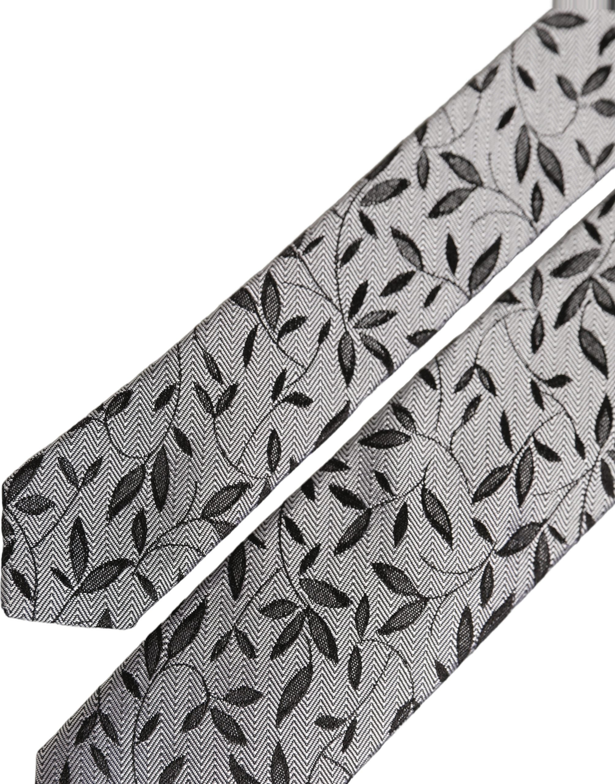 Dolce & Gabbana Gray Leaf Pattern Silk Necktie for Timeless Elegance