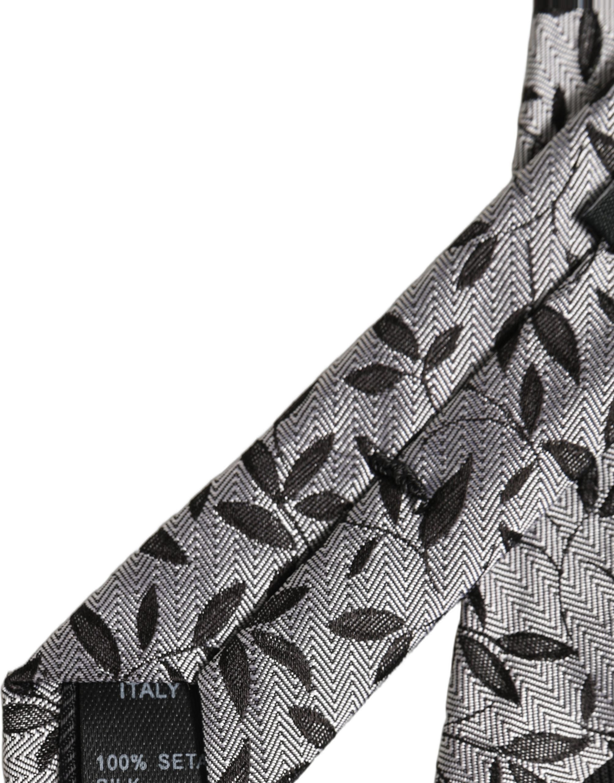 Dolce & Gabbana Gray Leaf Pattern Silk Necktie for Elegant Style
