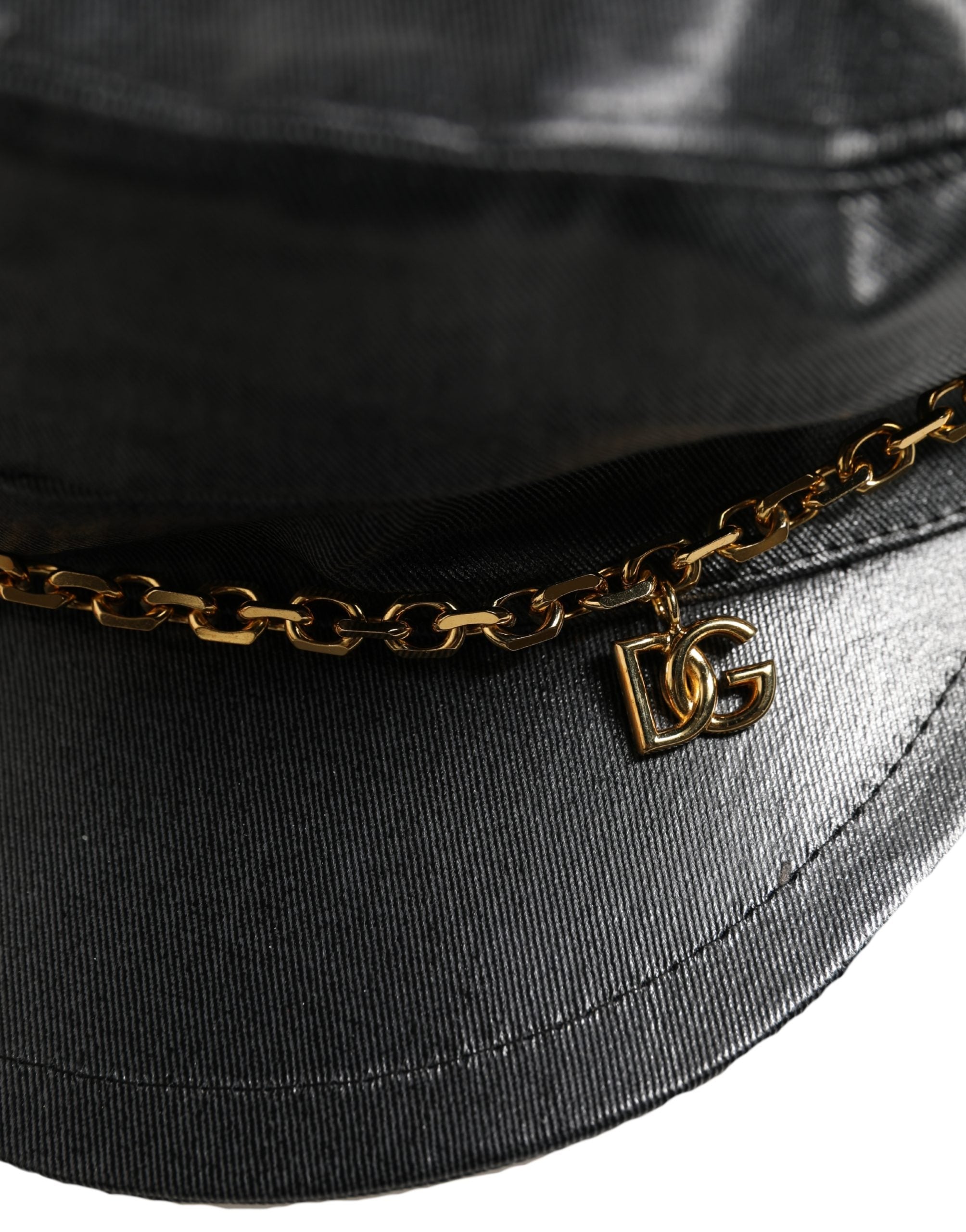 Dolce & Gabbana Black Cotton Baker Boy Hat with Gold Chain