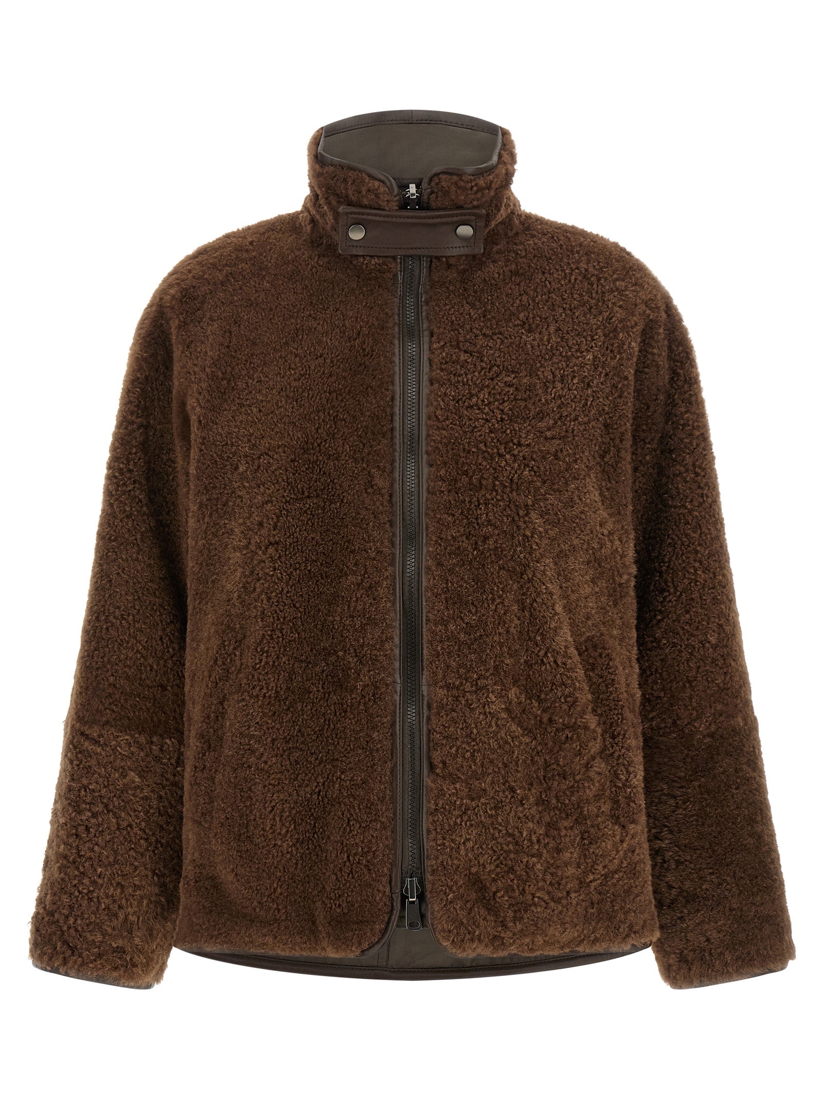 Indulge in the Brunello Cucinelli Brown Lamb Leather Biker Jacket, a luxurious reversible masterpiece crafted from pure lamb shearling, embodying sophistication and timeless elegance.